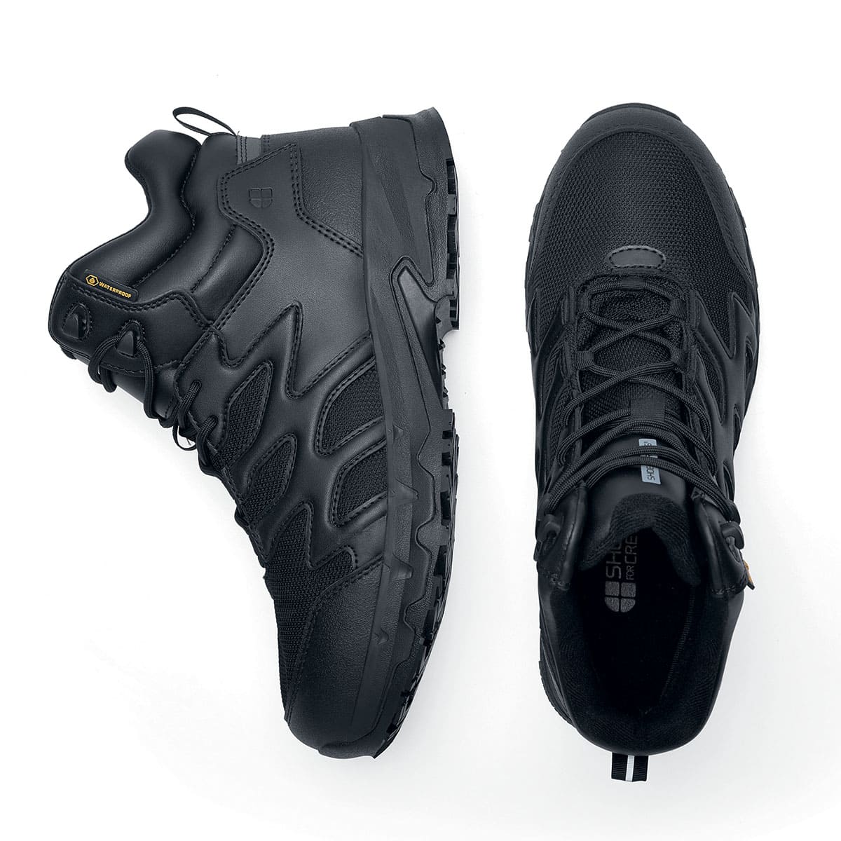 The Shoes for Crews Carrig Mid is a slip-resistant safety boot with a waterproof upper, seen from the side and above.