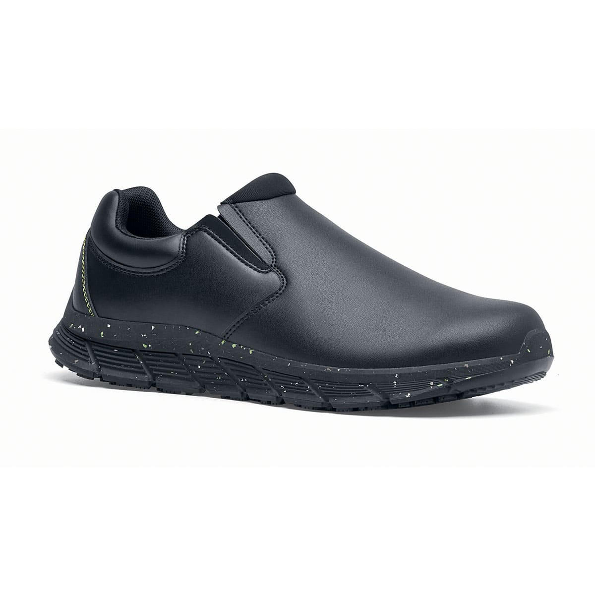 The Shoes for Crews Cater Eco Women's Black is a sustainable, slip-resistant safety shoe, seen from the right profile.