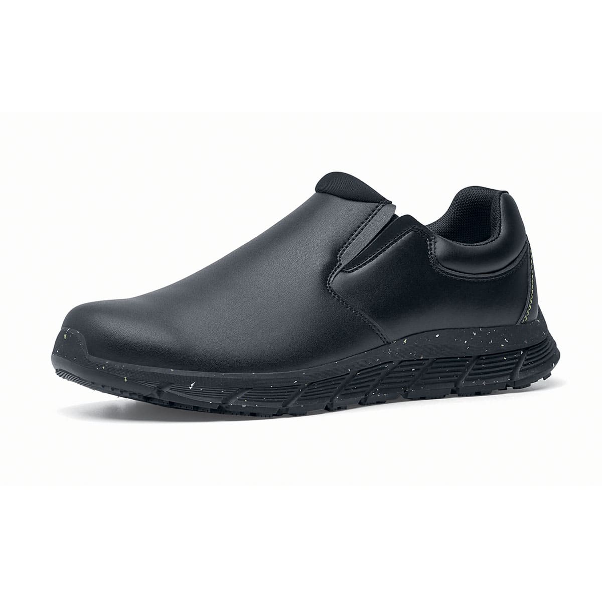 The Shoes for Crews Cater Eco Women's Black is a sustainable, slip-resistant safety shoe , seen from the left profile.