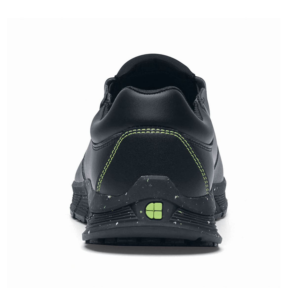 The Shoes for Crews Cater Eco Women's Black is a sustainable, slip-resistant safety shoe, seen from the back.