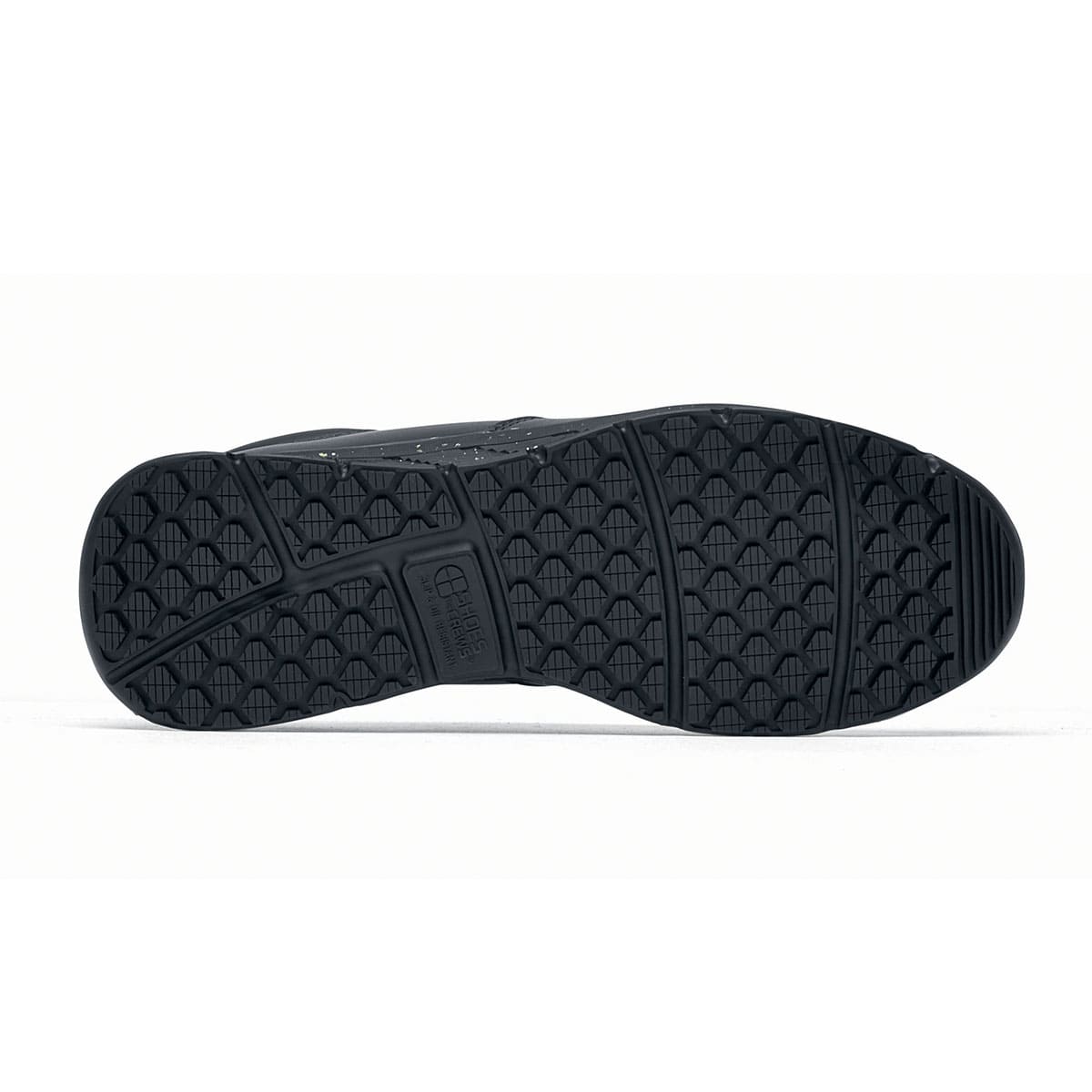 The Shoes for Crews Cater Eco Women's Black is a sustainable, slip-resistant safety shoe, seen from the bellow.