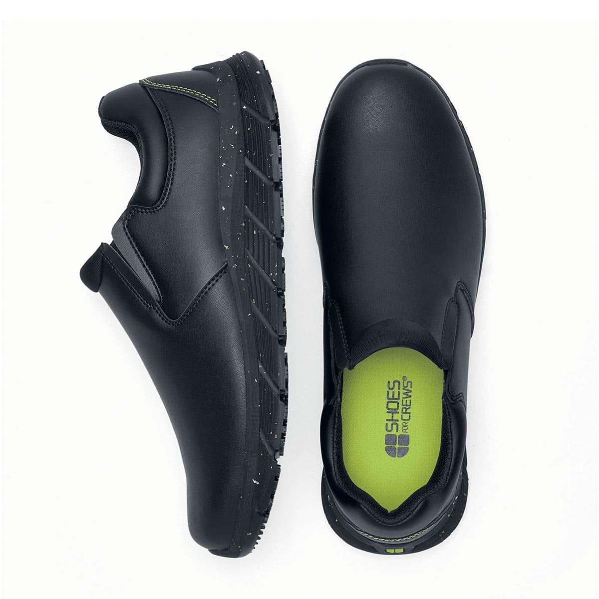 The Shoes for Crews Cater Eco Women's Black is a sustainable, slip-resistant safety shoe, seen vertically from the side and from above.