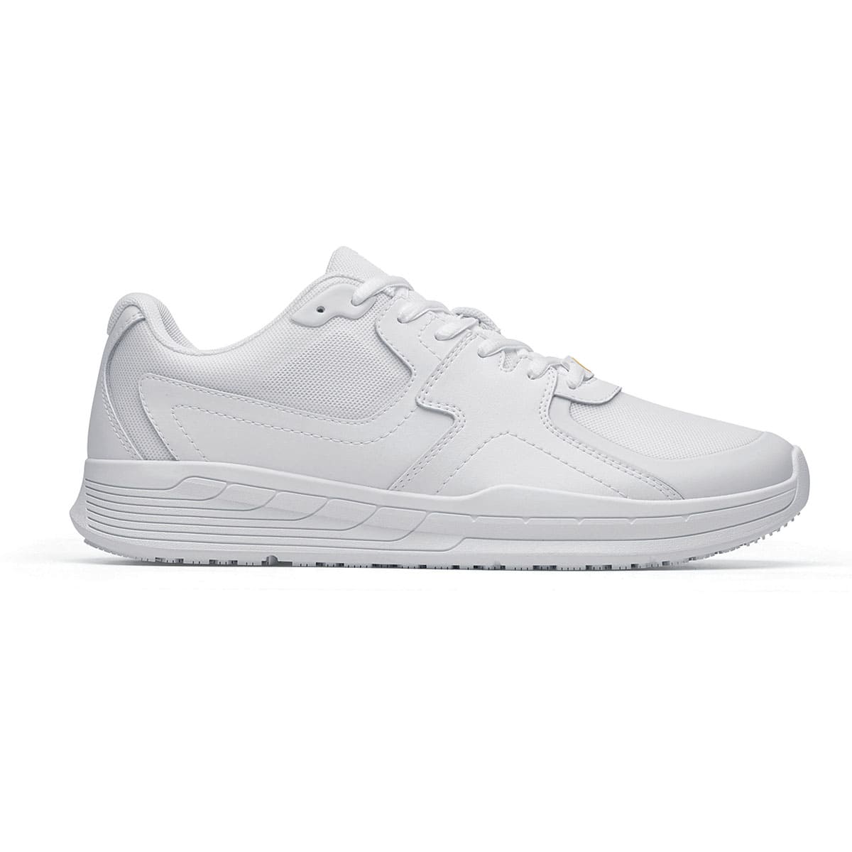 The Shoes for Crews Condor II Unisex White trainers feature a slip-resistant outsole and an easy-to-clean, breathable fabric upper with SpillGuard protection, seen from the right.