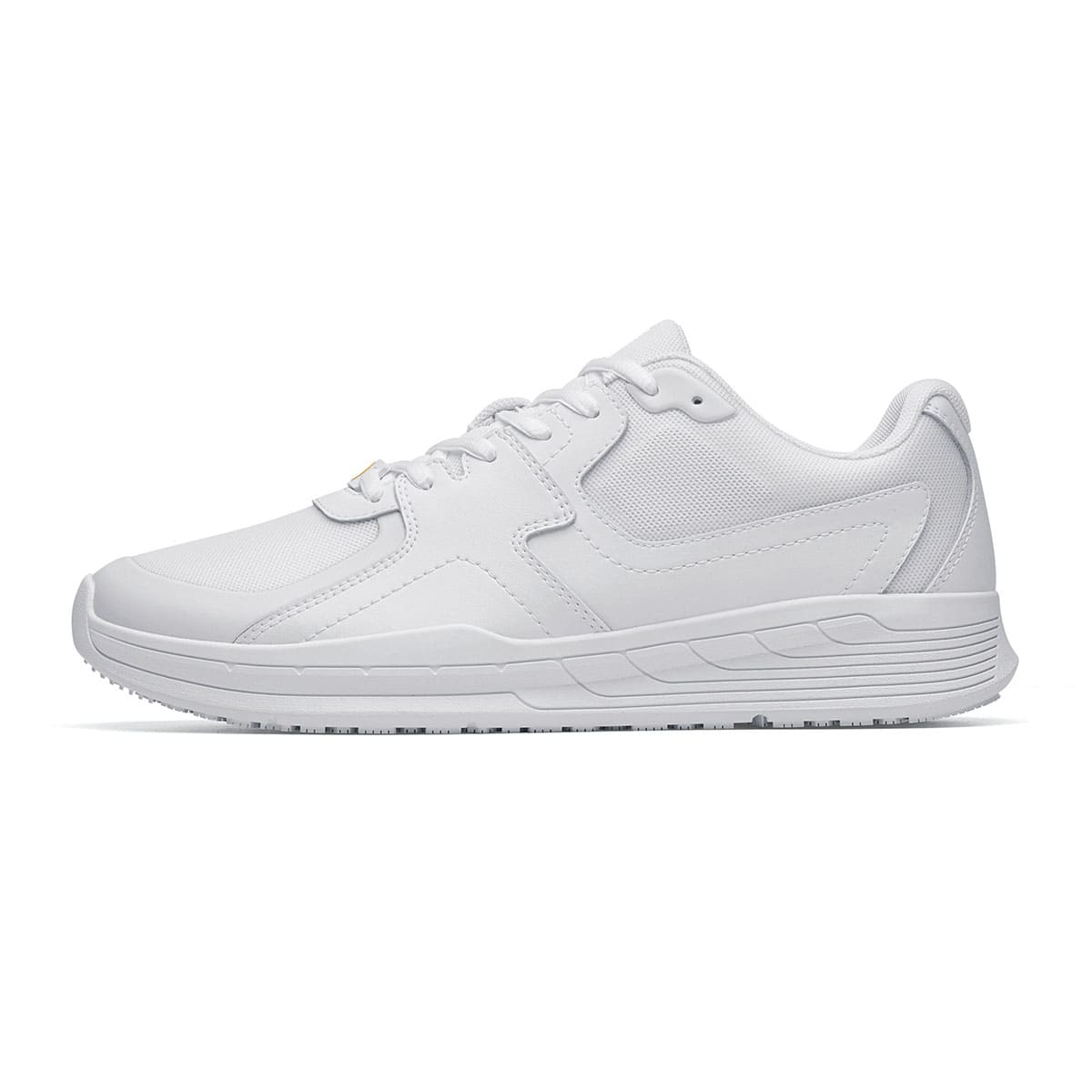 The Shoes for Crews Condor II Unisex White trainers feature a slip-resistant outsole and an easy-to-clean, breathable fabric upper with SpillGuard protection, seen from the left.