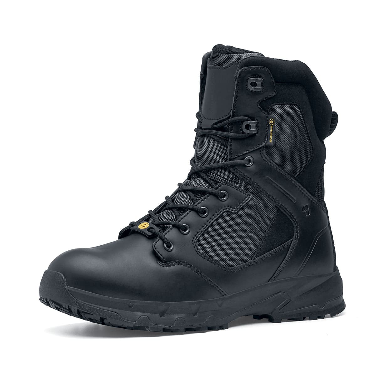 Darver from Shoes For Crews are safety boots with a superior slip-resistant outsole and materials resistant to water- and blood-borne pathogens,  seen from the left profile.