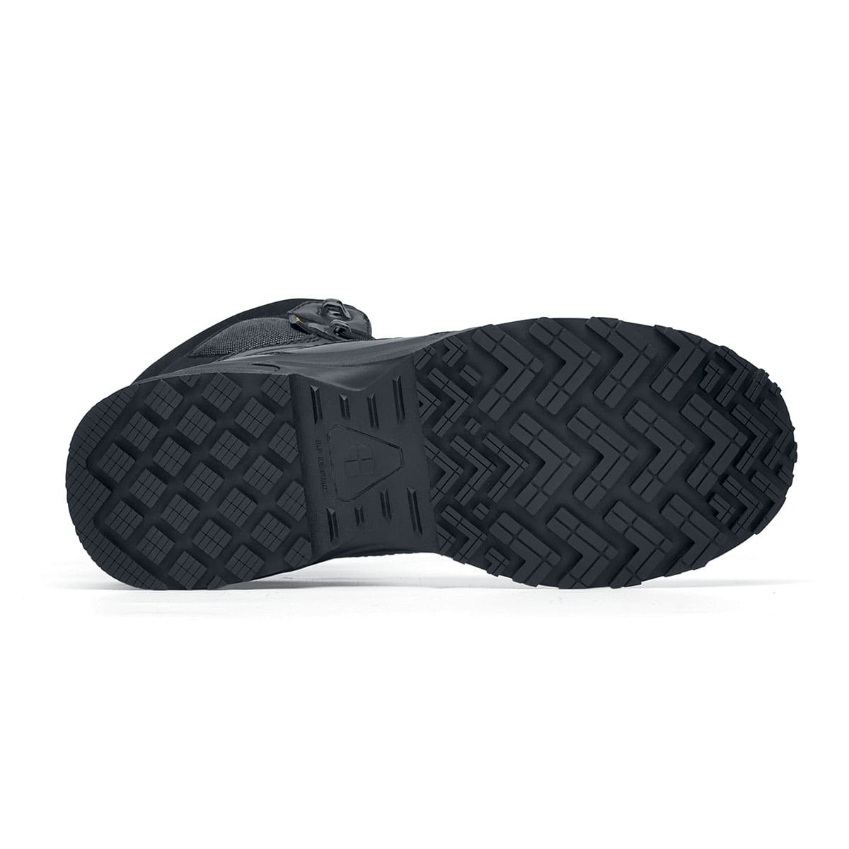 Darver from Shoes For Crews are safety boots with a superior slip-resistant outsole and materials resistant to water- and blood-borne pathogens,  seen from below.