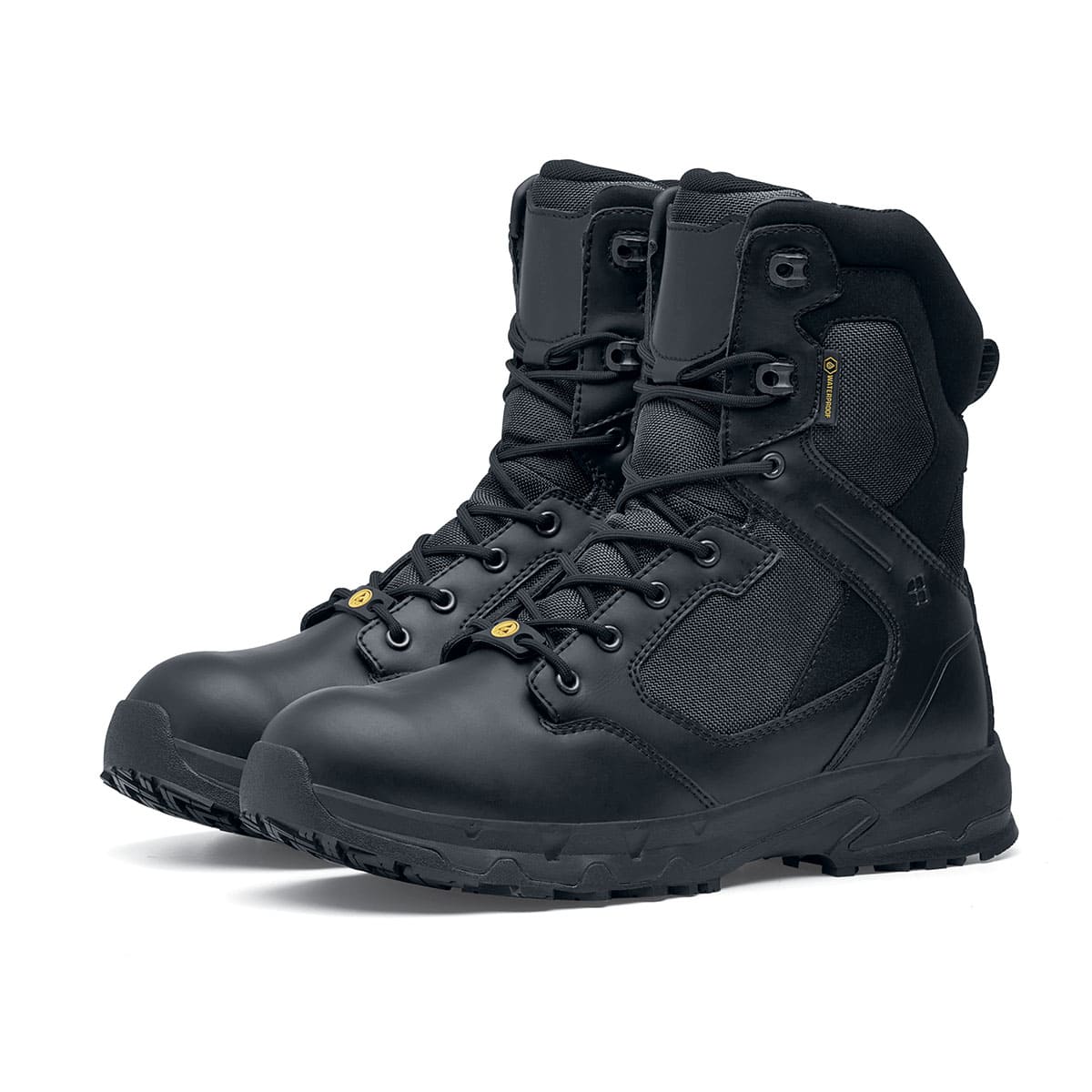 Darver from Shoes For Crews are safety boots with a superior slip-resistant outsole and materials resistant to water- and blood-borne pathogens,  pair seen in profile on the left.