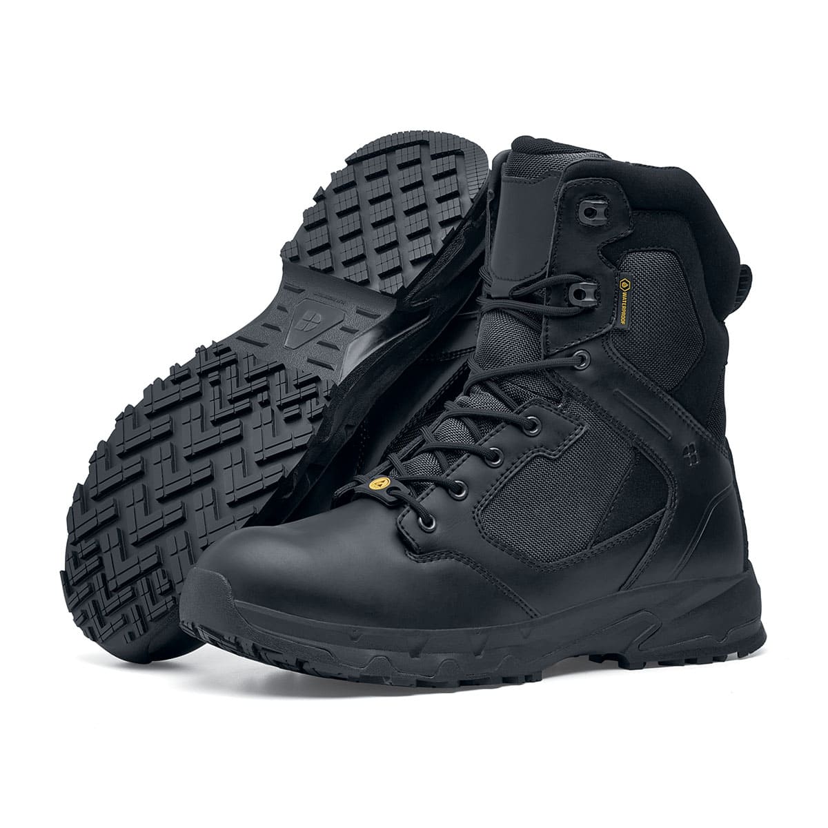 Darver from Shoes For Crews are safety boots with a superior slip-resistant outsole and materials resistant to water- and blood-borne pathogens, pair seen from the left and bottom.