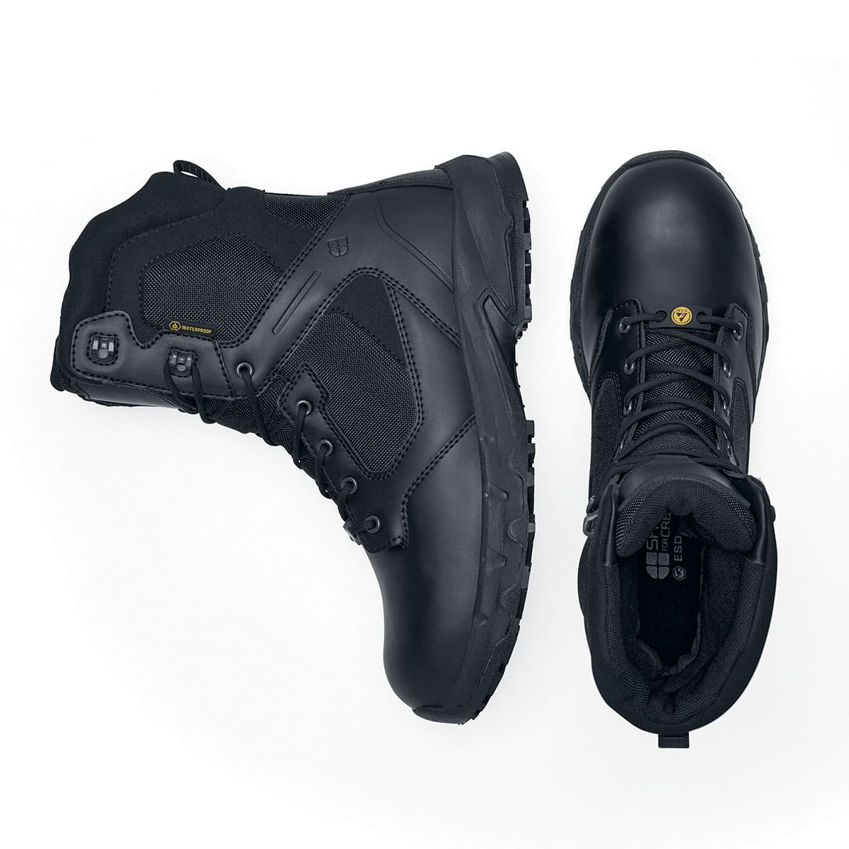 Darver from Shoes For Crews are safety boots with a superior slip-resistant outsole and materials resistant to water- and blood-borne pathogens, pair seen from the side and from above.