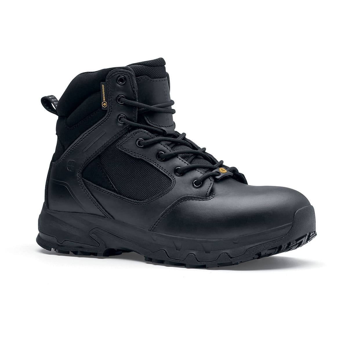 The Defence Mid from Shoes For Crews are waterproof, slip-resistant safety boots, seen from the right profile.