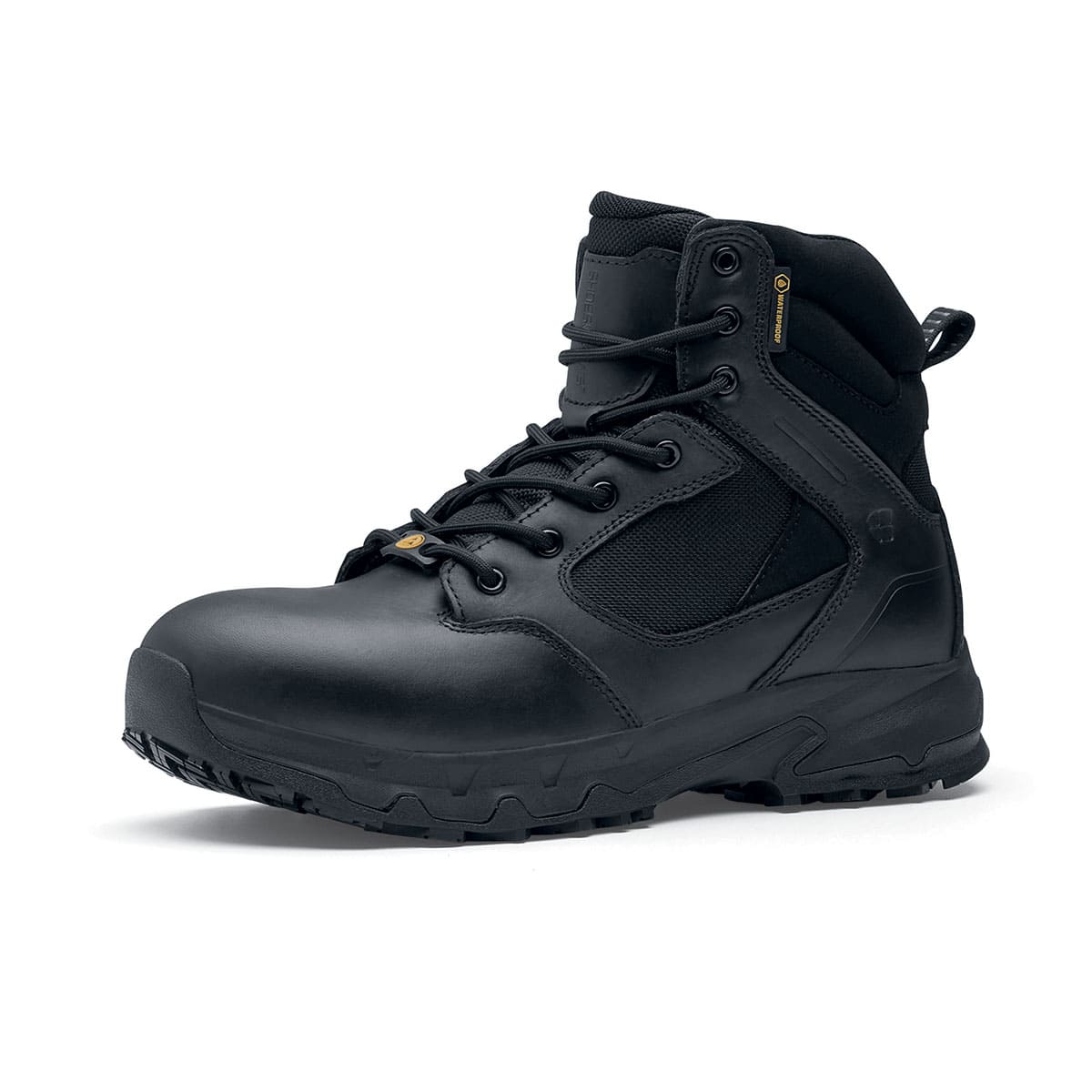 The Defence Mid from Shoes For Crews are waterproof, slip-resistant safety boots, seen from the left profile.