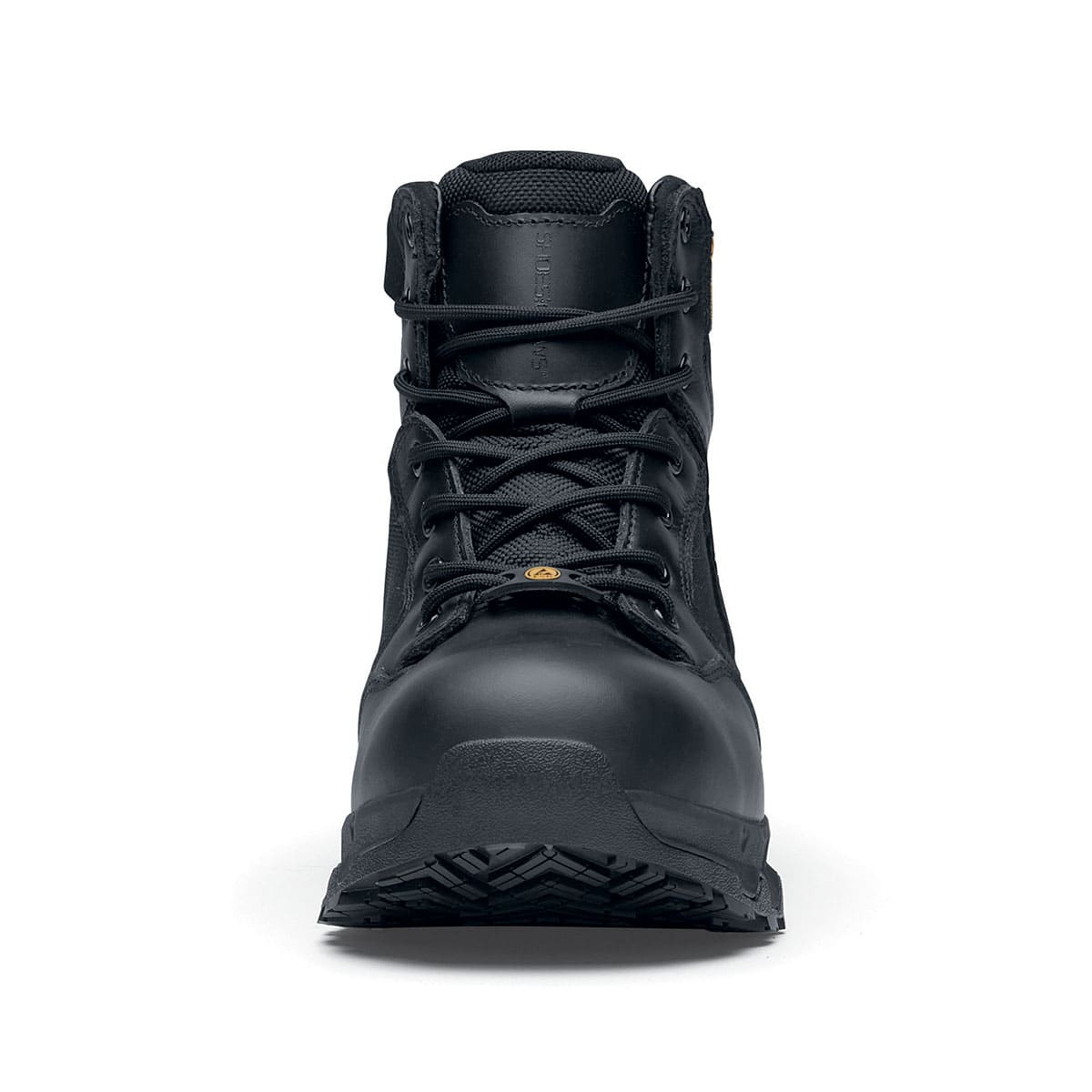The Defence Mid from Shoes For Crews are waterproof, slip-resistant safety boots, seen from the front.