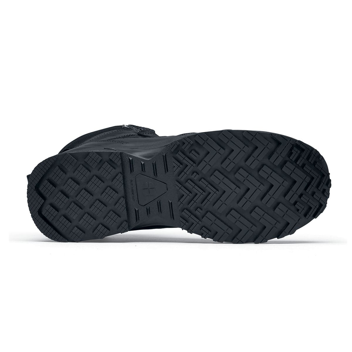 The Defence Mid from Shoes For Crews are waterproof, slip-resistant safety boots, seen from below.