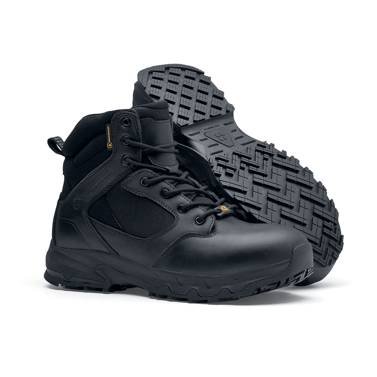 The Defence Mid from Shoes For Crews are waterproof, slip-resistant safety boots, pair seen from the right and bottom.