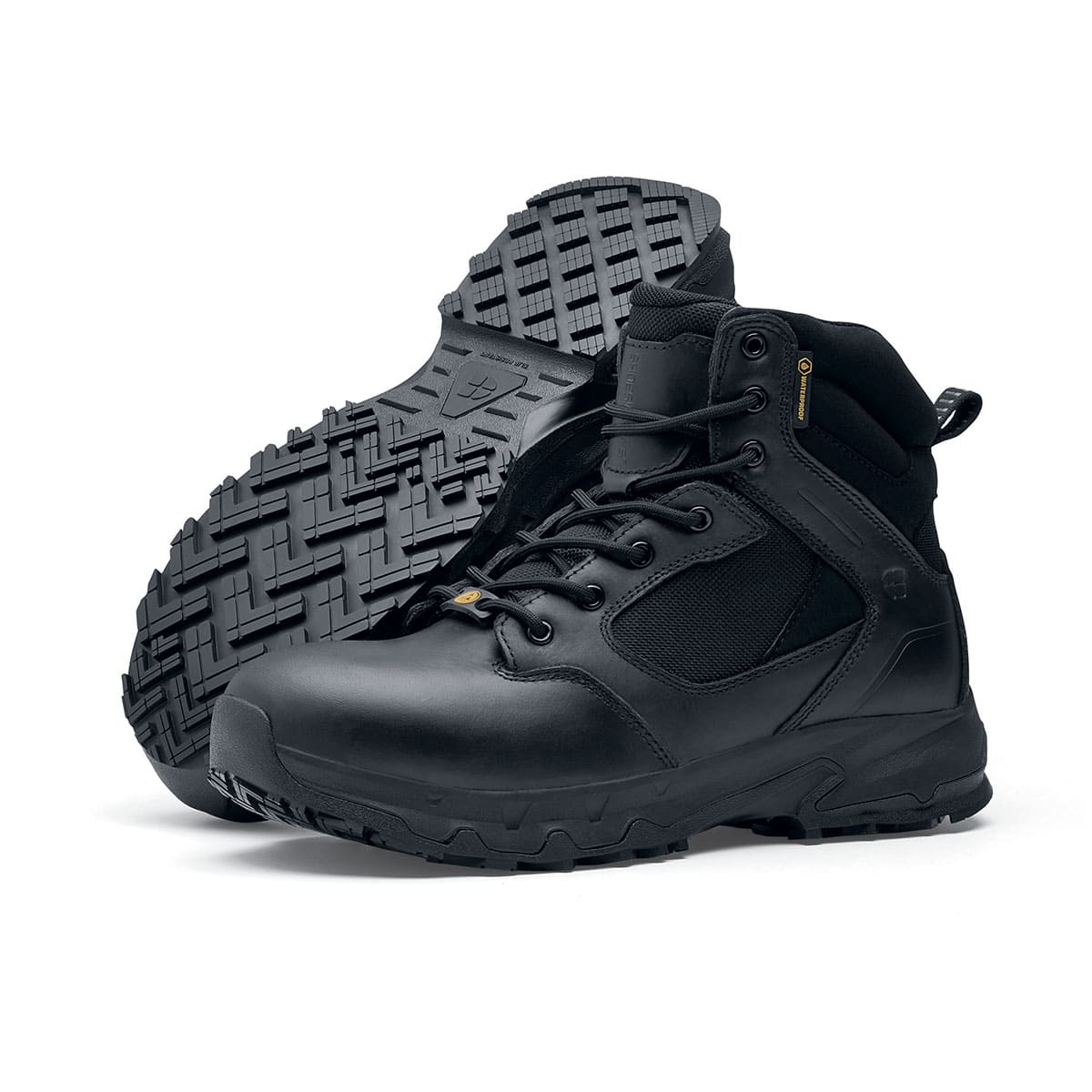The Defence Mid from Shoes For Crews are waterproof, slip-resistant safety boots, pair seen from the left and bottom.