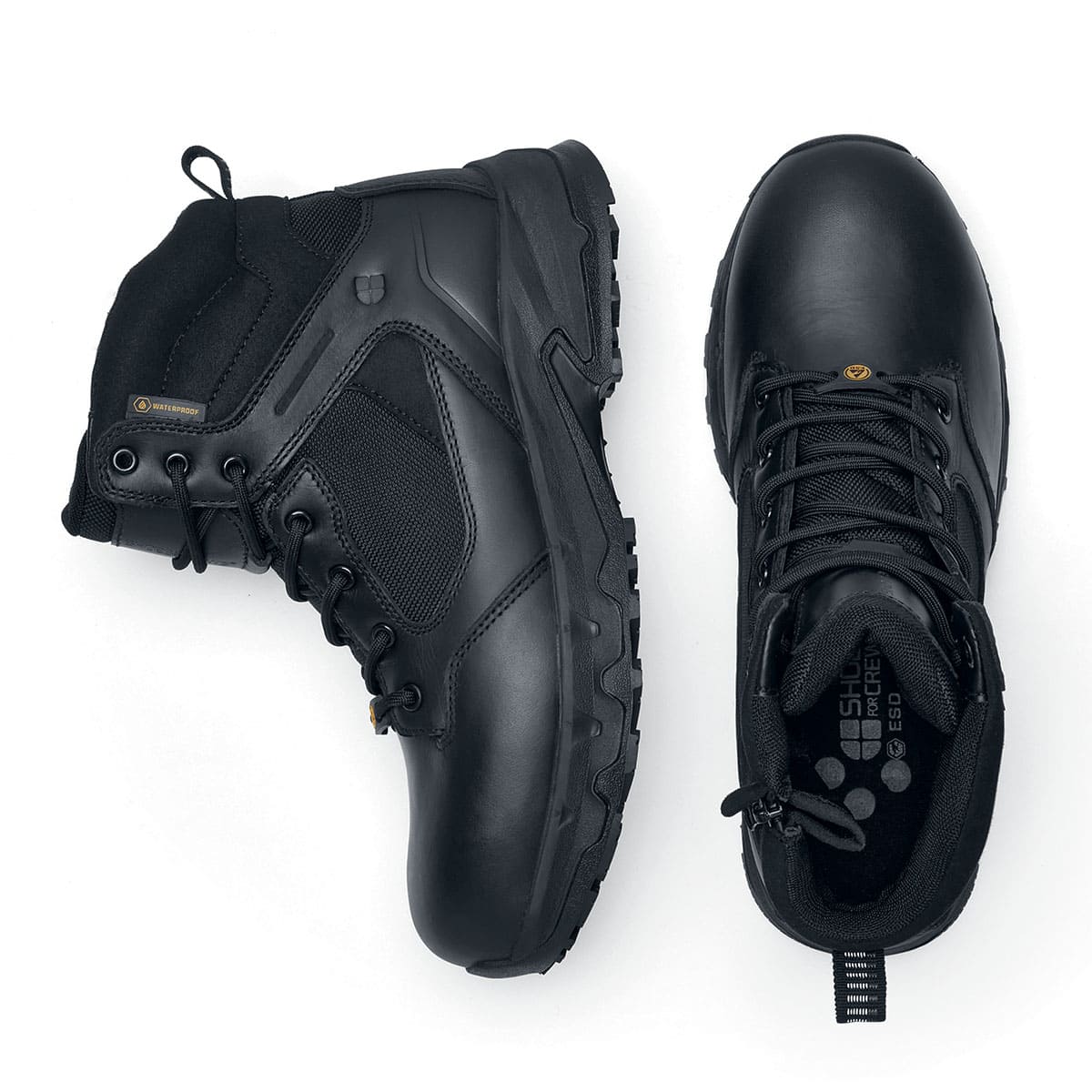 The Defence Mid from Shoes For Crews are waterproof, slip-resistant safety boots, pair seen from the side and from above.