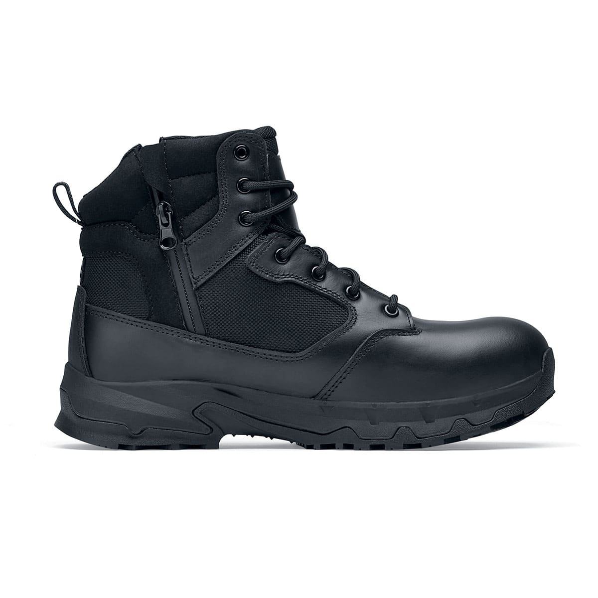 The Defence Mid from Shoes For Crews are waterproof, slip-resistant safety boots, seen from the right.