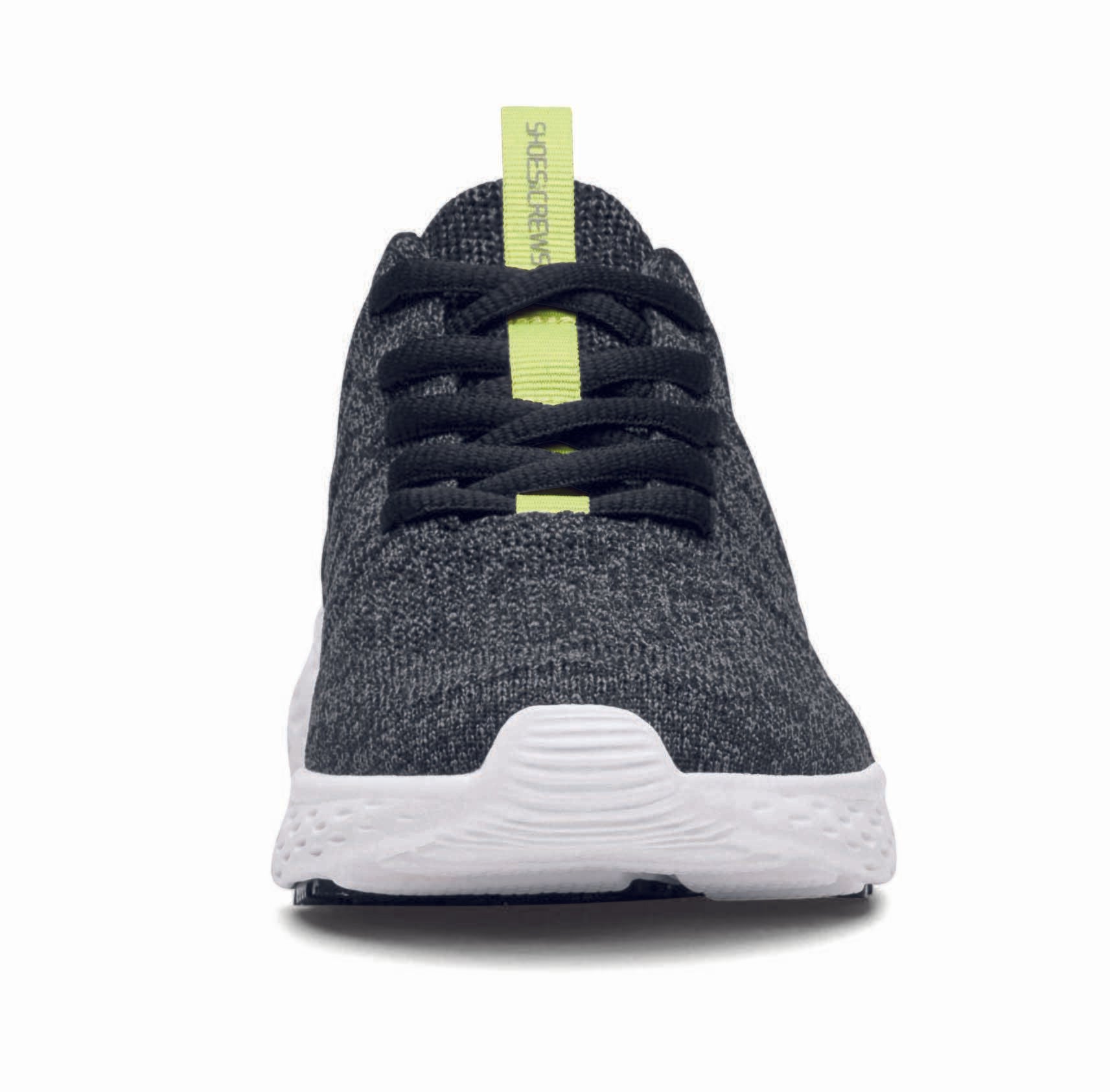 The Everlight™ ECO Womens Black/Grey from Shoes For Crews are lightweight, breathable slip-resistant trainers made from recycled materials, seen from the front.