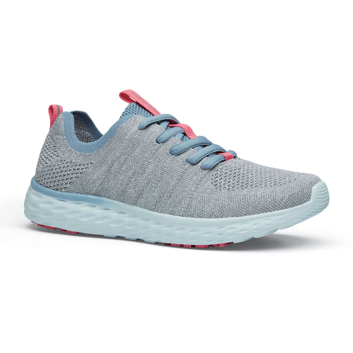 The Everlight Womens Gray/Blue/Coral from Shoes For Crews are slip-resistant trainers constructed with a breathable, water-resistant mesh upper, seen from the right profile.