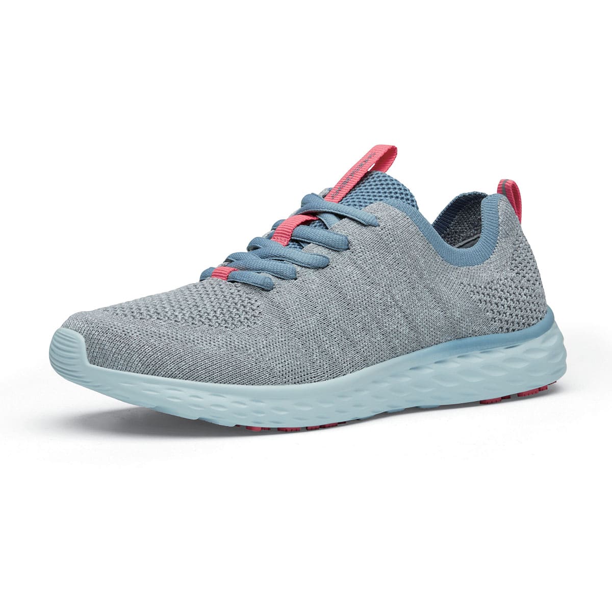 The Everlight Womens Gray/Blue/Coral from Shoes For Crews are slip-resistant trainers constructed with a breathable, water-resistant mesh upper, seen from the left profile.