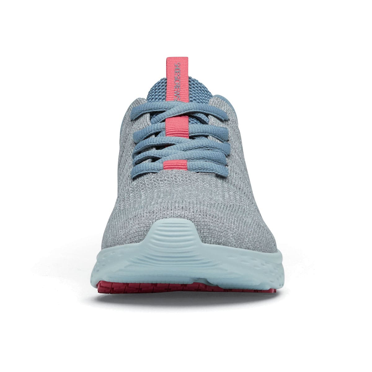 The Everlight Womens Gray/Blue/Coral from Shoes For Crews are slip-resistant trainers constructed with a breathable, water-resistant mesh upper,  seen from the front.