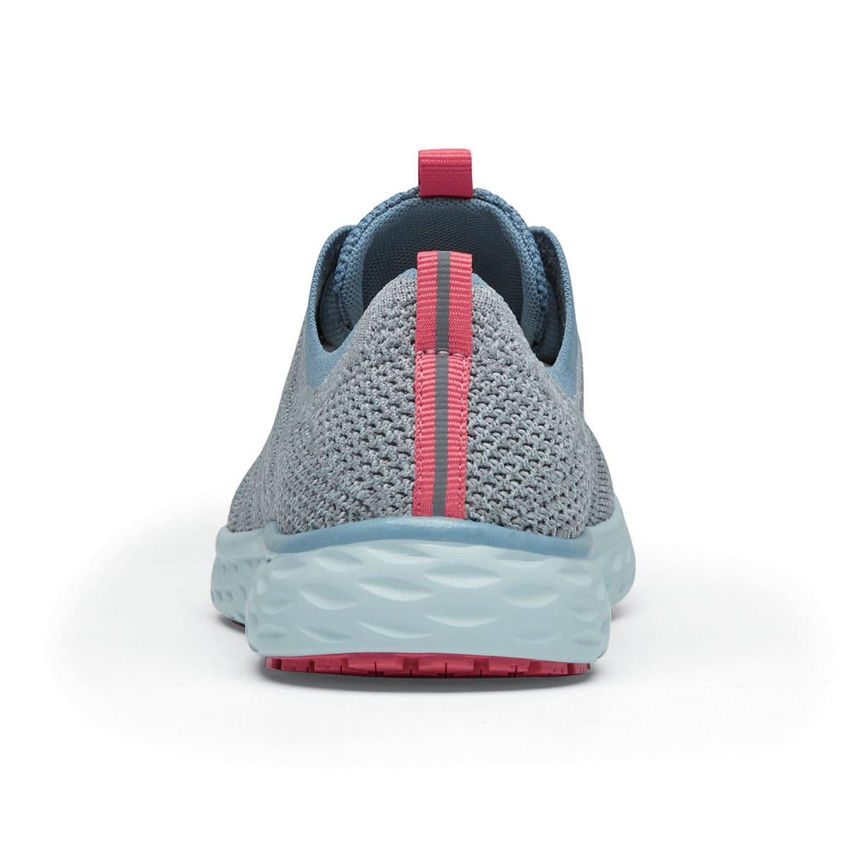 The Everlight Womens Gray/Blue/Coral from Shoes For Crews are slip-resistant trainers constructed with a breathable, water-resistant mesh upper,  seen from the back.