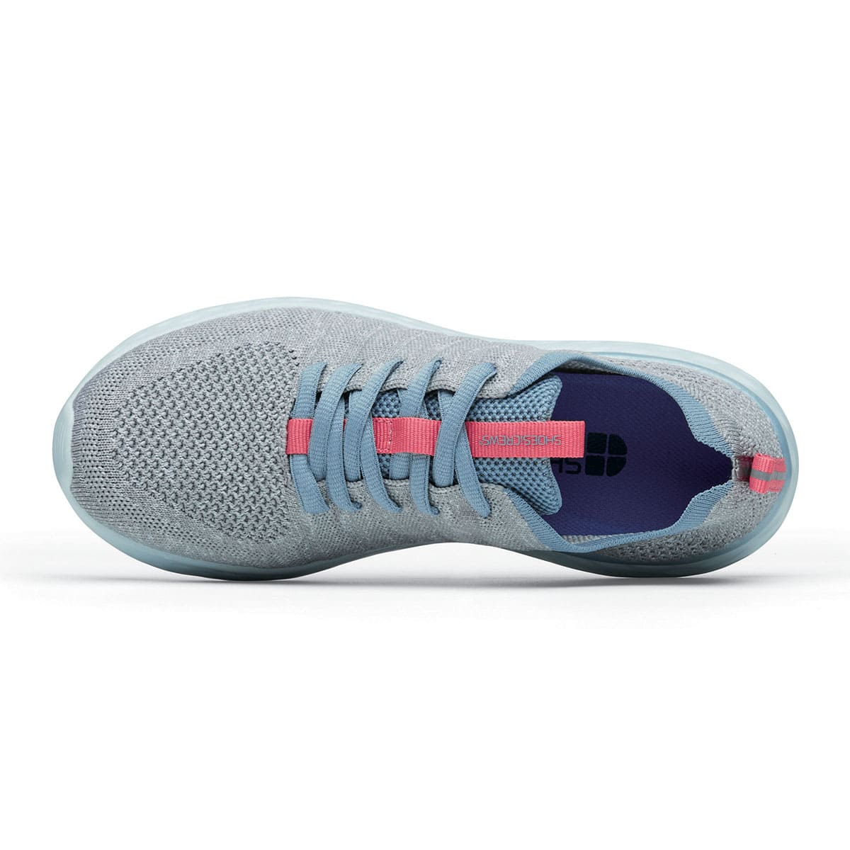 The Everlight Womens Gray/Blue/Coral from Shoes For Crews are slip-resistant trainers constructed with a breathable, water-resistant mesh upper, seen from above.
