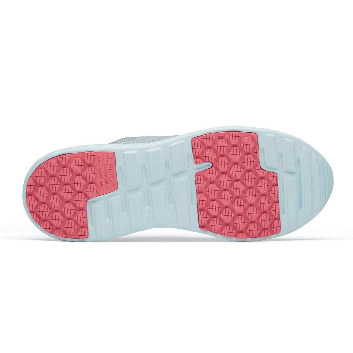 The Everlight Womens Gray/Blue/Coral from Shoes For Crews are slip-resistant trainers constructed with a breathable, water-resistant mesh upper, seen from below.