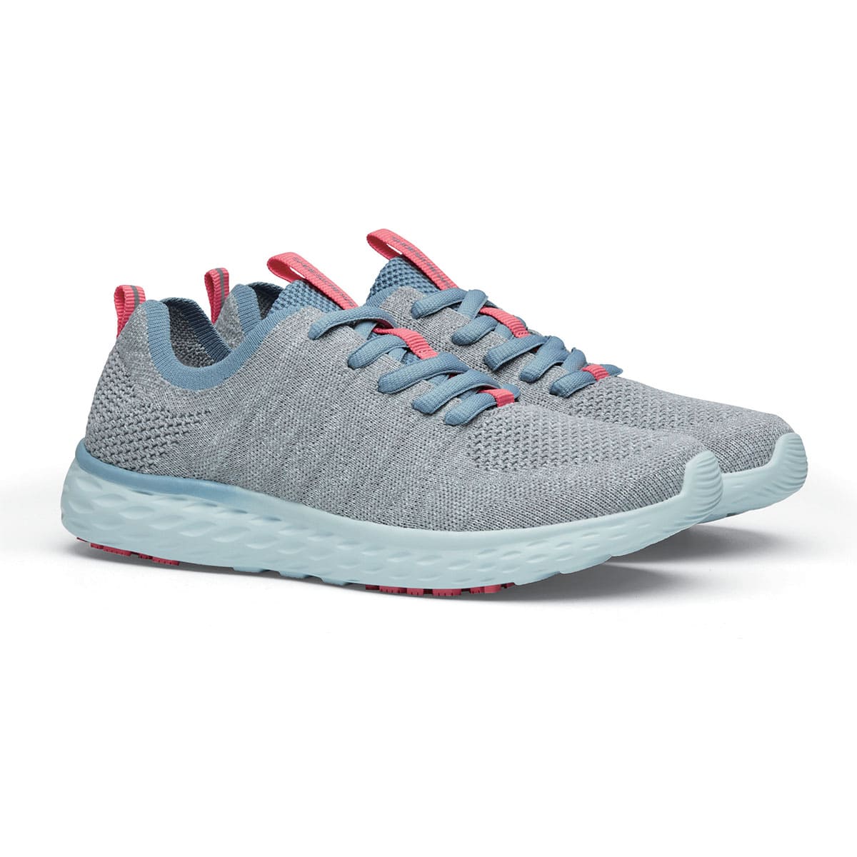 The Everlight Womens Gray/Blue/Coral from Shoes For Crews are slip-resistant trainers constructed with a breathable, water-resistant mesh upper, pair seen in profile on the right.