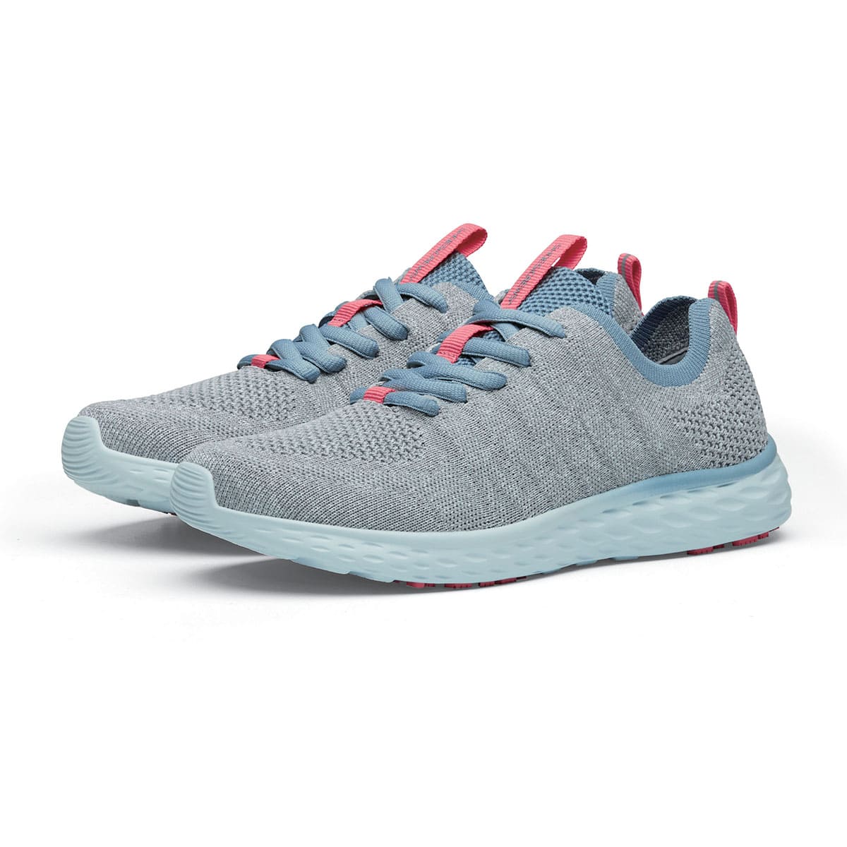 The Everlight Womens Gray/Blue/Coral from Shoes For Crews are slip-resistant trainers constructed with a breathable, water-resistant mesh upper, pair seen in profile on the left.