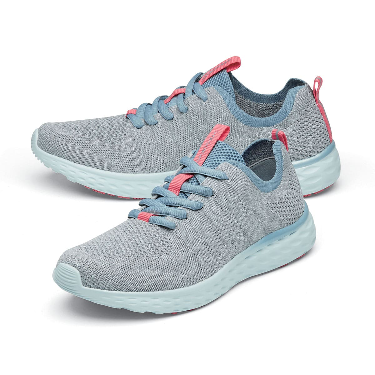The Everlight Womens Gray/Blue/Coral from Shoes For Crews are slip-resistant trainers constructed with a breathable, water-resistant mesh upper, pair seen from the left side, emphasised on the tip of the left  shoe.