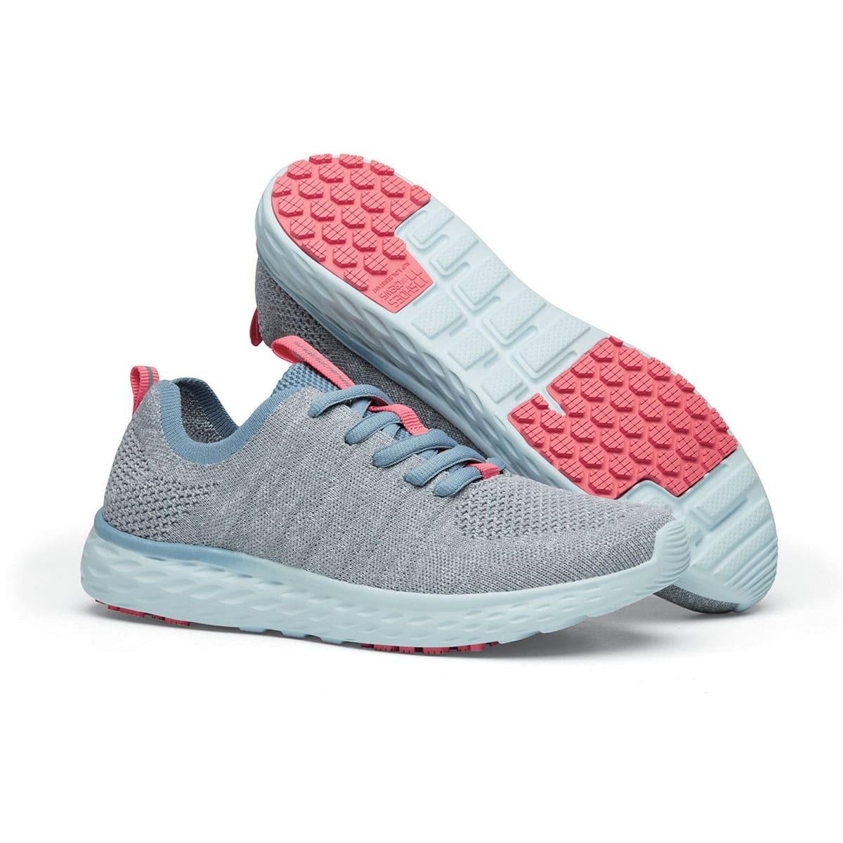 The Everlight Womens Gray/Blue/Coral from Shoes For Crews are slip-resistant trainers constructed with a breathable, water-resistant mesh upper, pair seen from the right side and the sole.