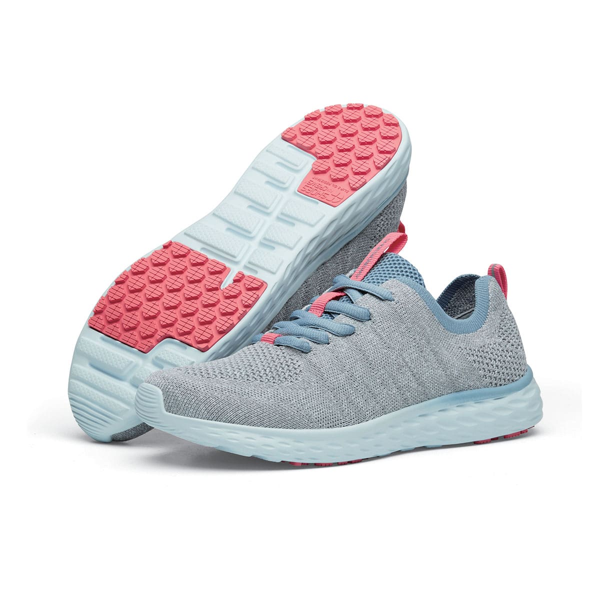 The Everlight Womens Gray/Blue/Coral from Shoes For Crews are slip-resistant trainers constructed with a breathable, water-resistant mesh upper, pair seen from the left side and the sole.