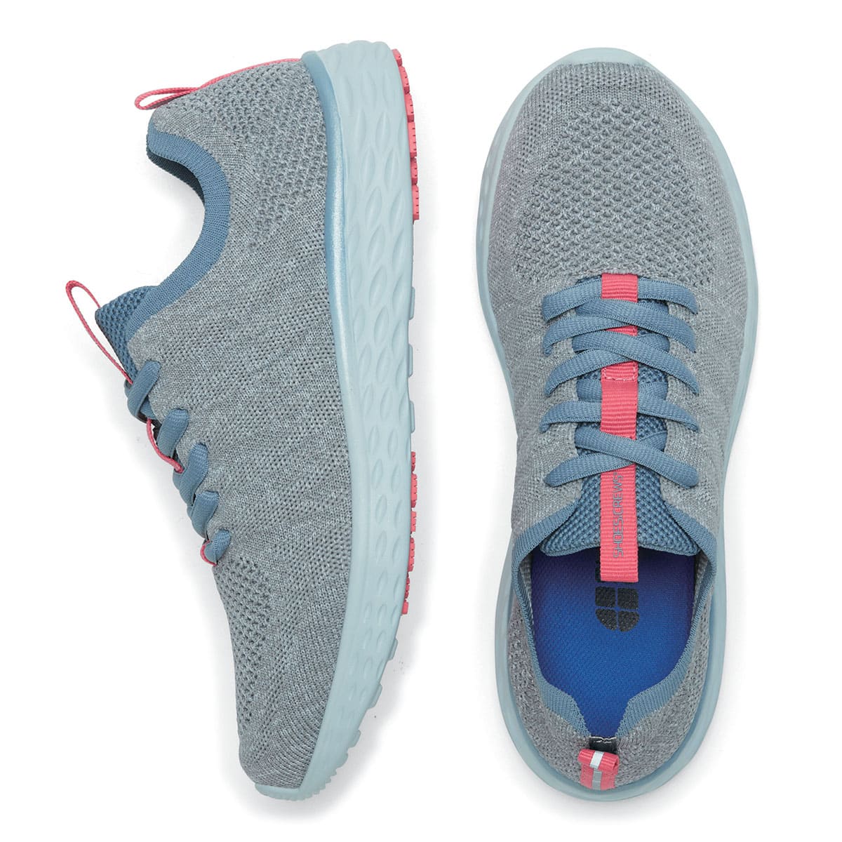 The Everlight Womens Gray/Blue/Coral from Shoes For Crews are slip-resistant trainers constructed with a breathable, water-resistant mesh upper, viewed from the side and bottom at a vertical angle.