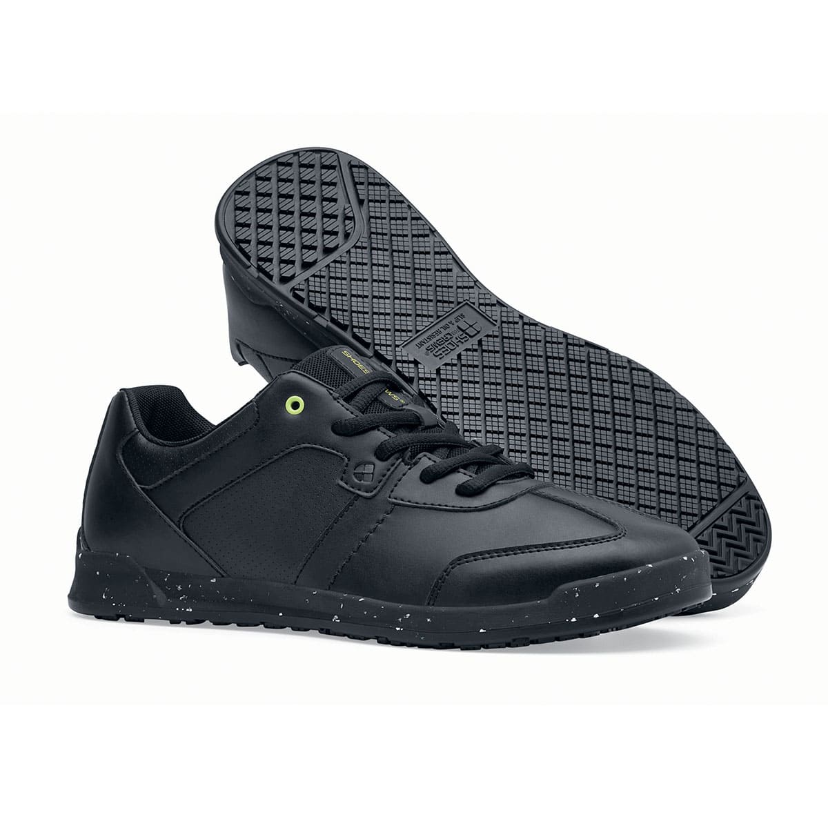 The Freestyle II Eco from Shoes For Crews are slip-resistant, lightweight shoes made from sustainable materials, pair seen from the right side and the sole.