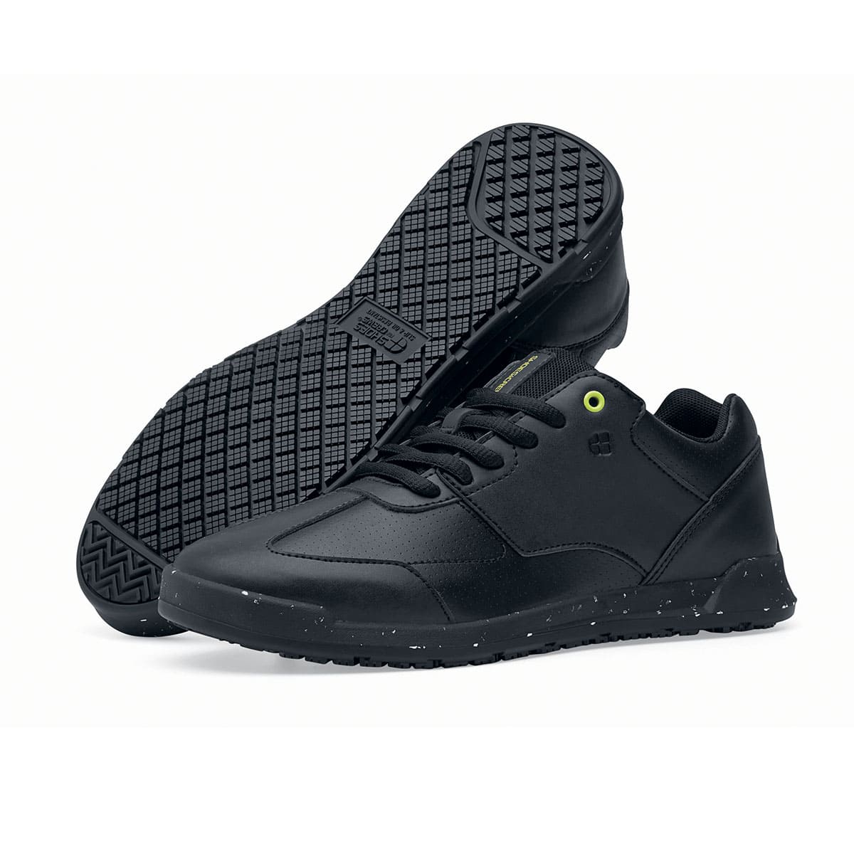 The Freestyle II Eco from Shoes For Crews are slip-resistant, lightweight shoes made from sustainable materials, pair seen from the left side and the sole.