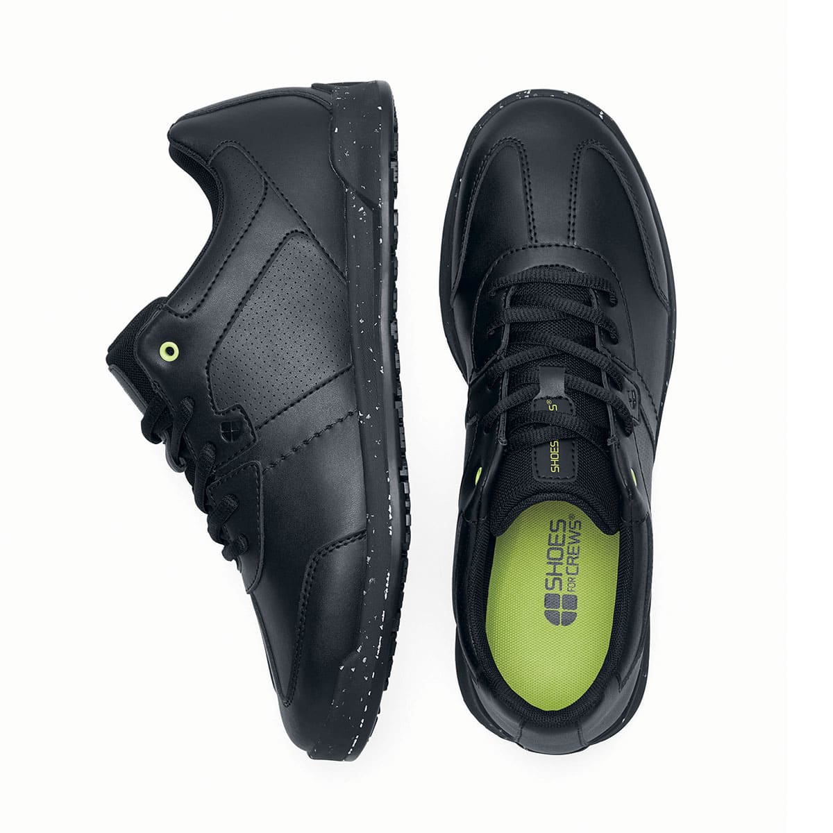 The Freestyle II Eco from Shoes For Crews are slip-resistant, lightweight shoes made from sustainable materials, seen vertically from the side and from above.