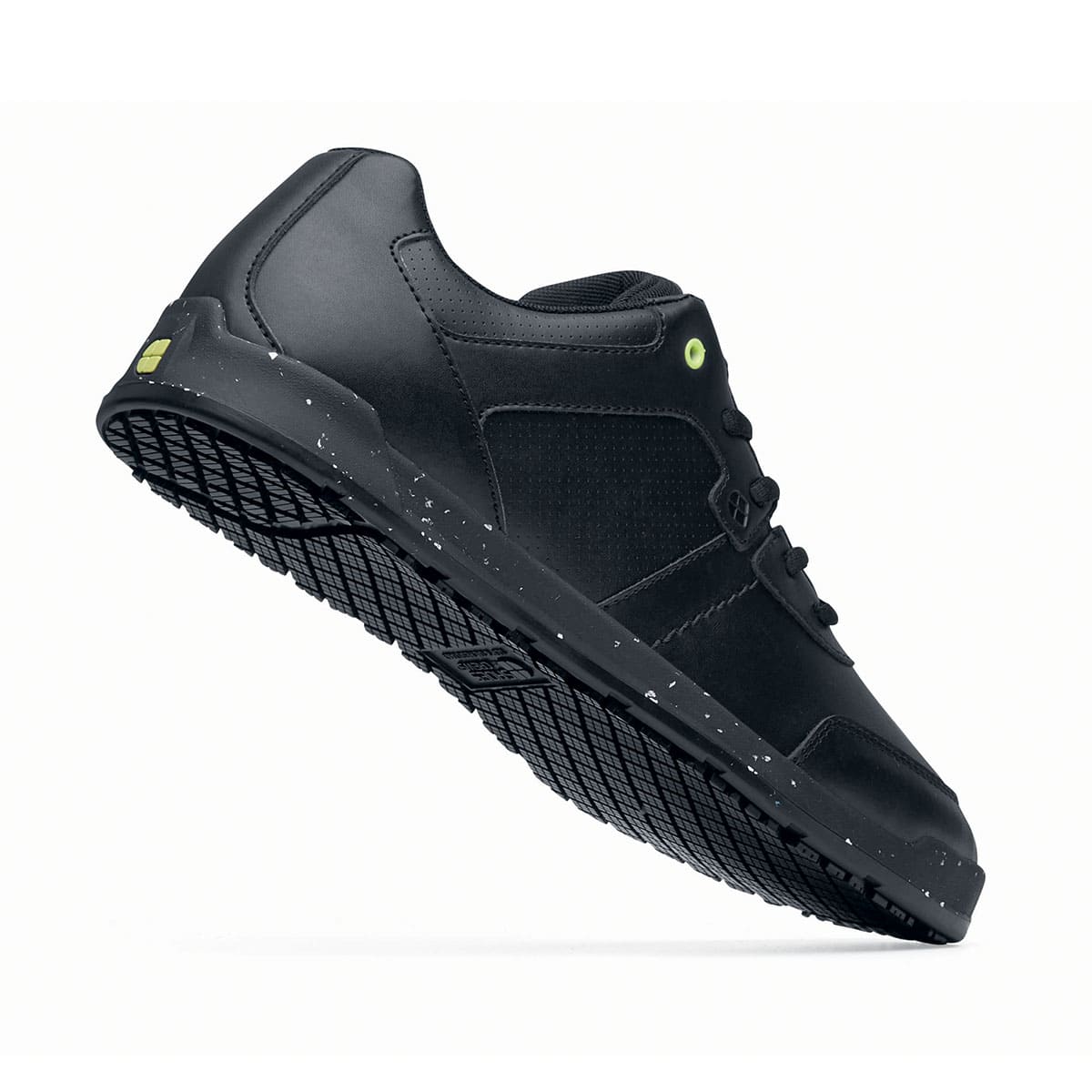 The Freestyle II Eco from Shoes For Crews are slip-resistant, lightweight shoes made from sustainable materials,  seen perpendicularly, emphasised on the heel.