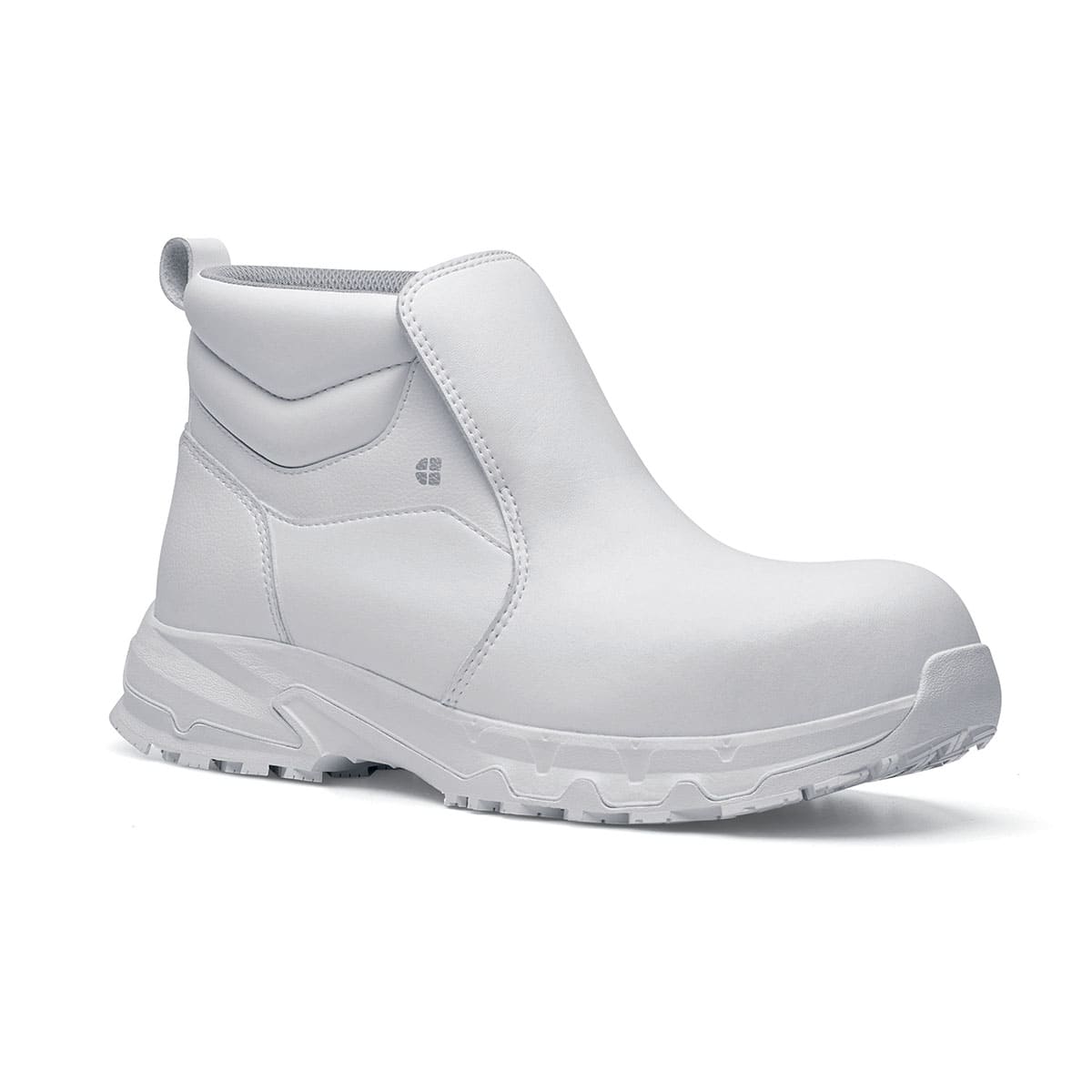 The Inny from Shoes For Crews is a safety shoe with a slip-resistant, clog-resistant upper sole and our advanced TripGuard technology, seen from the right profile.