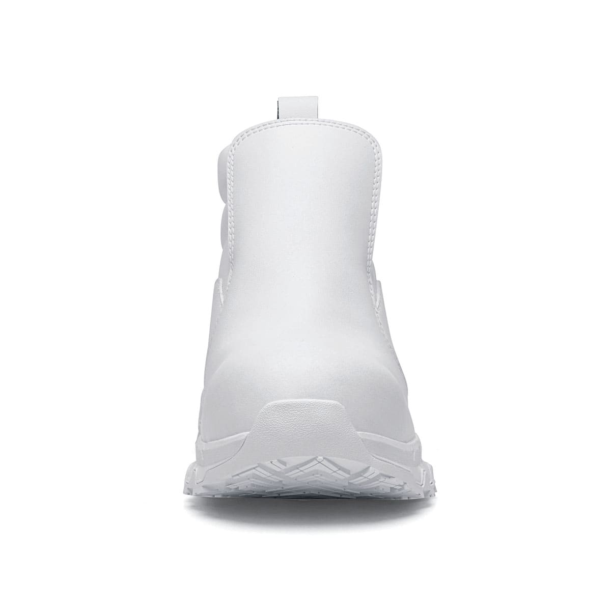 The Inny from Shoes For Crews is a safety shoe with a slip-resistant, clog-resistant upper sole and our advanced TripGuard technology, seen from the front.