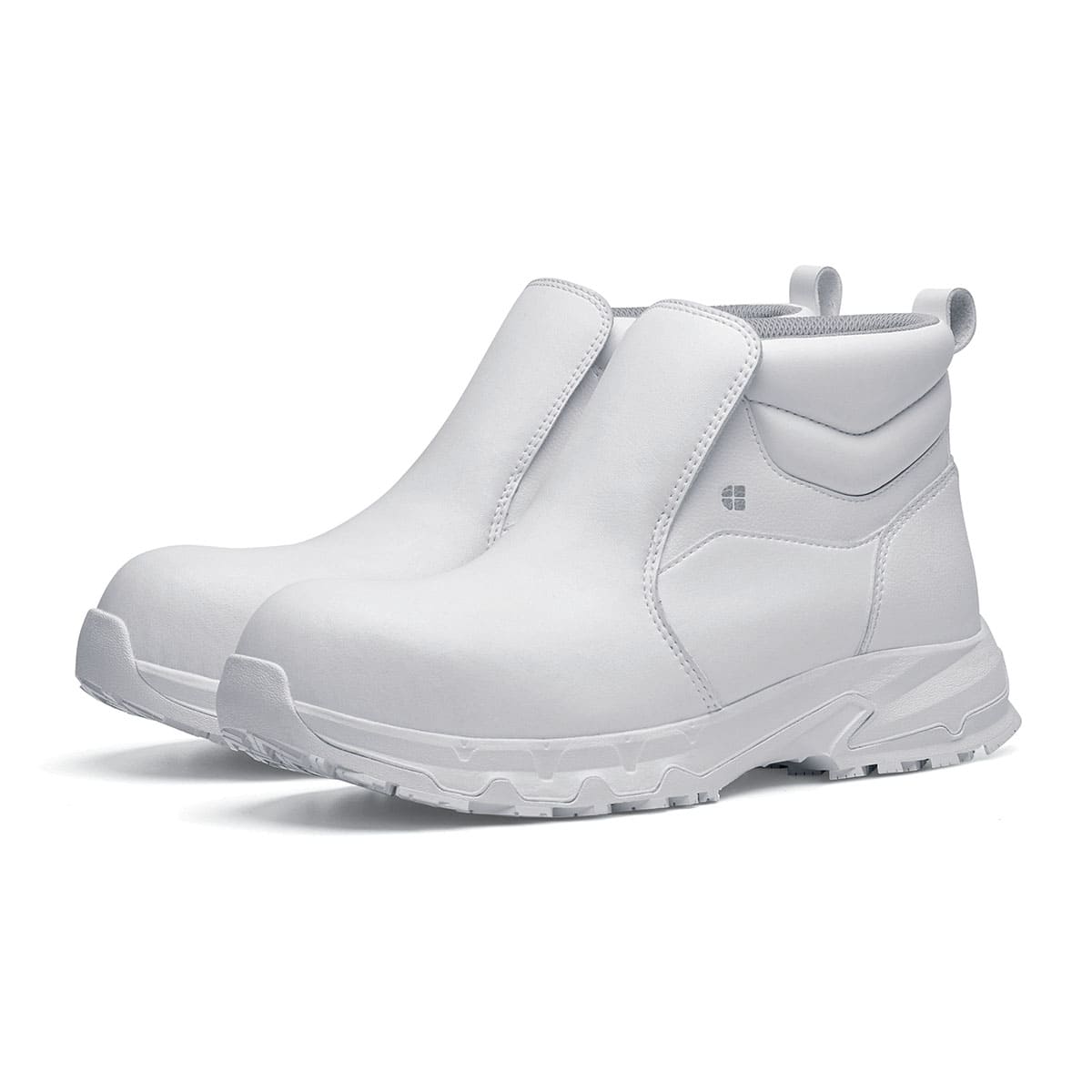 The Inny from Shoes For Crews is a safety shoe with a slip-resistant, clog-resistant upper sole and our advanced TripGuard technology, pair seen in profile on the left.