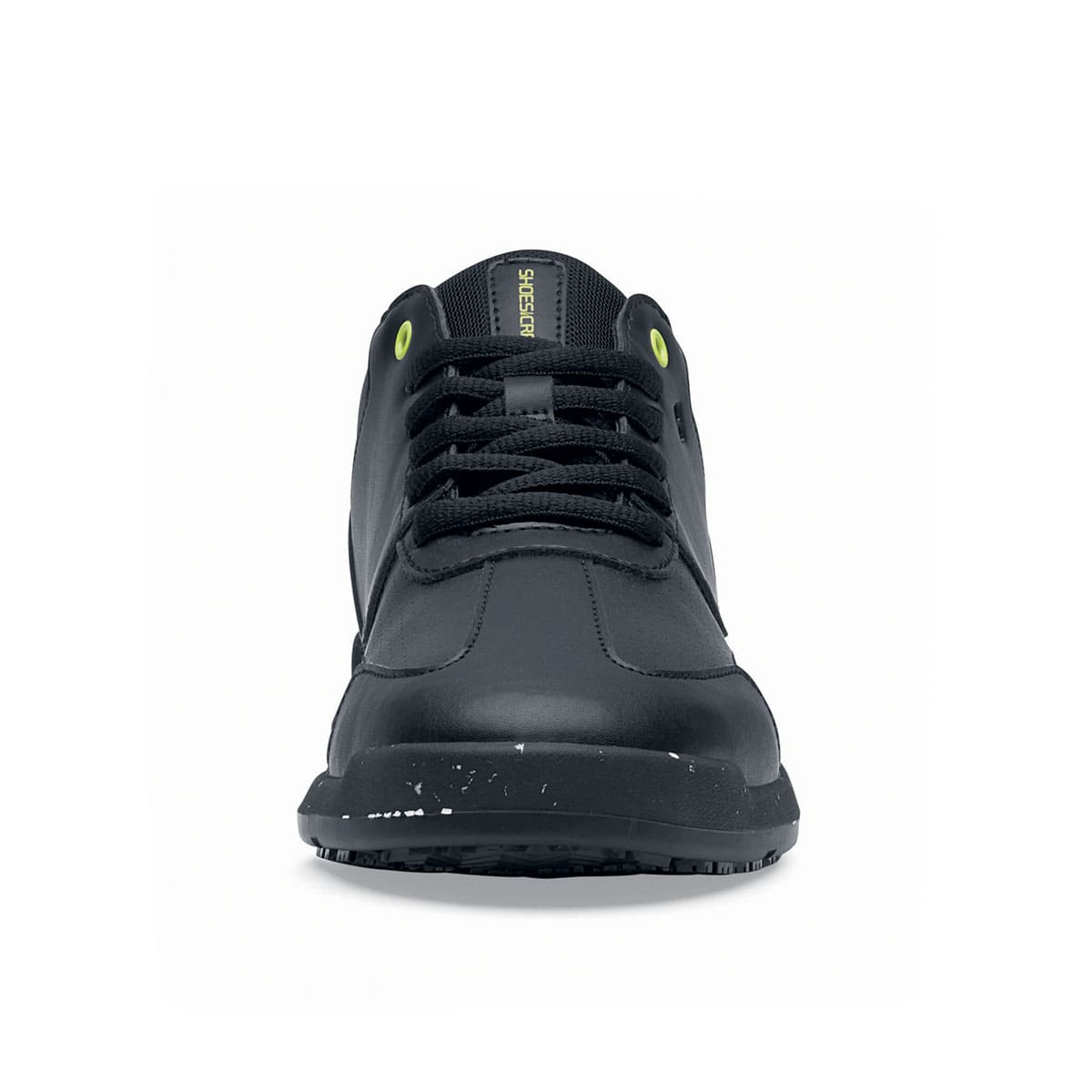 The Liberty Eco from Shoes For Crews are sustainable, slip-resistant trainers that provide comfort and safety throughout the day, seen from front.