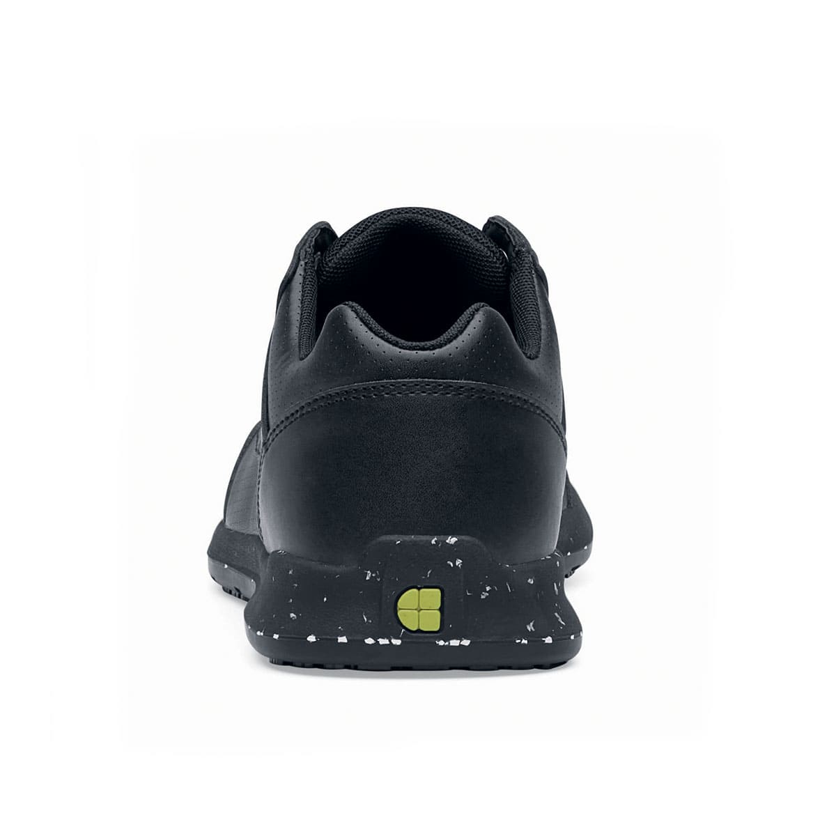 The Liberty Eco from Shoes For Crews are sustainable, slip-resistant trainers that provide comfort and safety throughout the day, seen from the back.