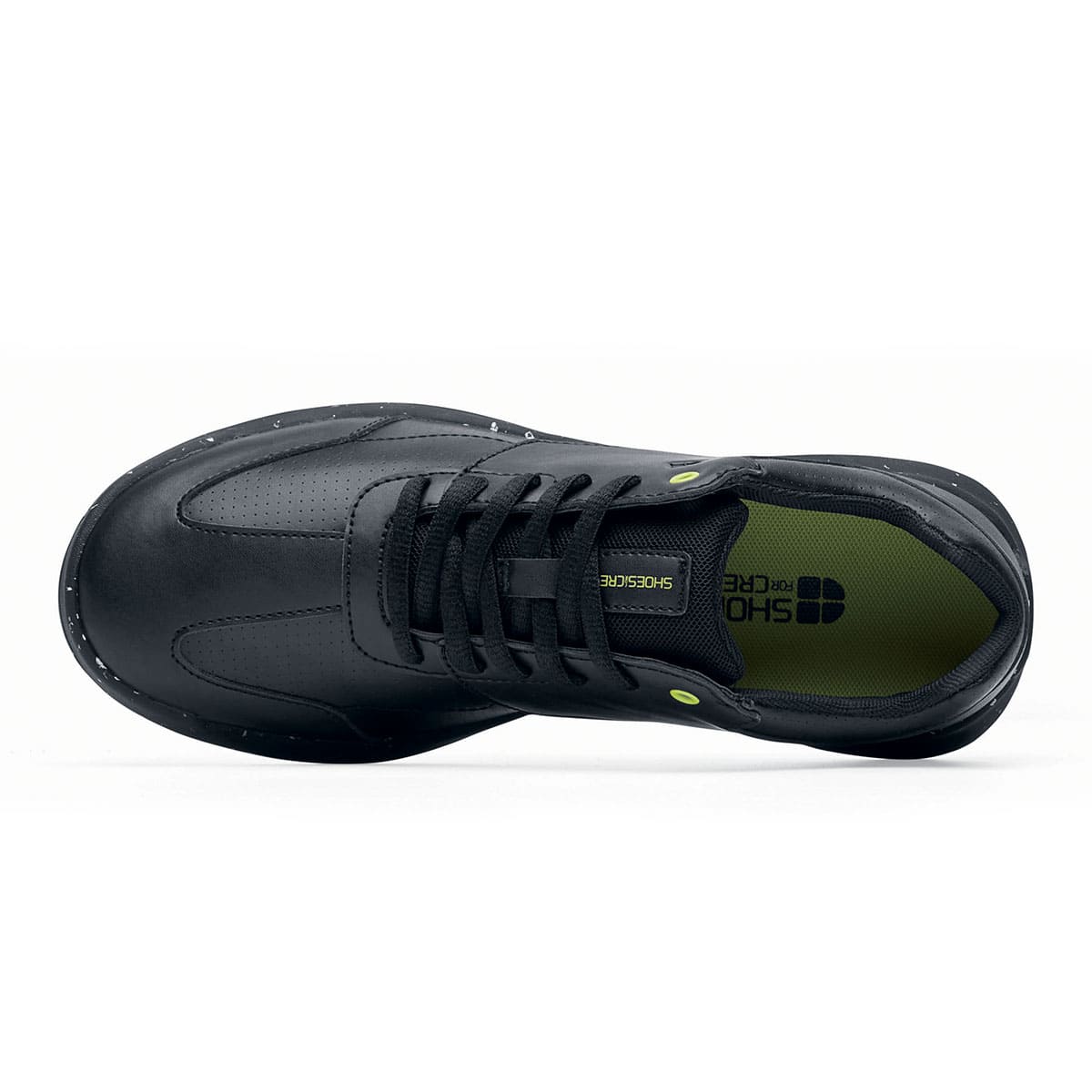 The Liberty Eco from Shoes For Crews are sustainable, slip-resistant trainers that provide comfort and safety throughout the day, seen from above.