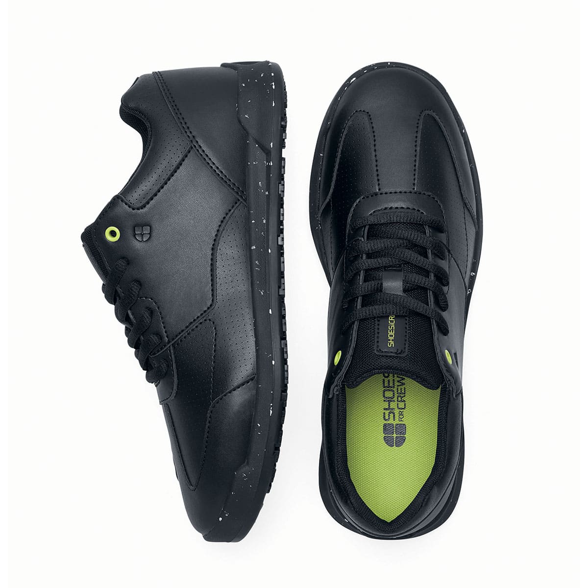 The Liberty Eco from Shoes For Crews are sustainable, slip-resistant trainers that provide comfort and safety throughout the day, seen vertically from the side and from above.