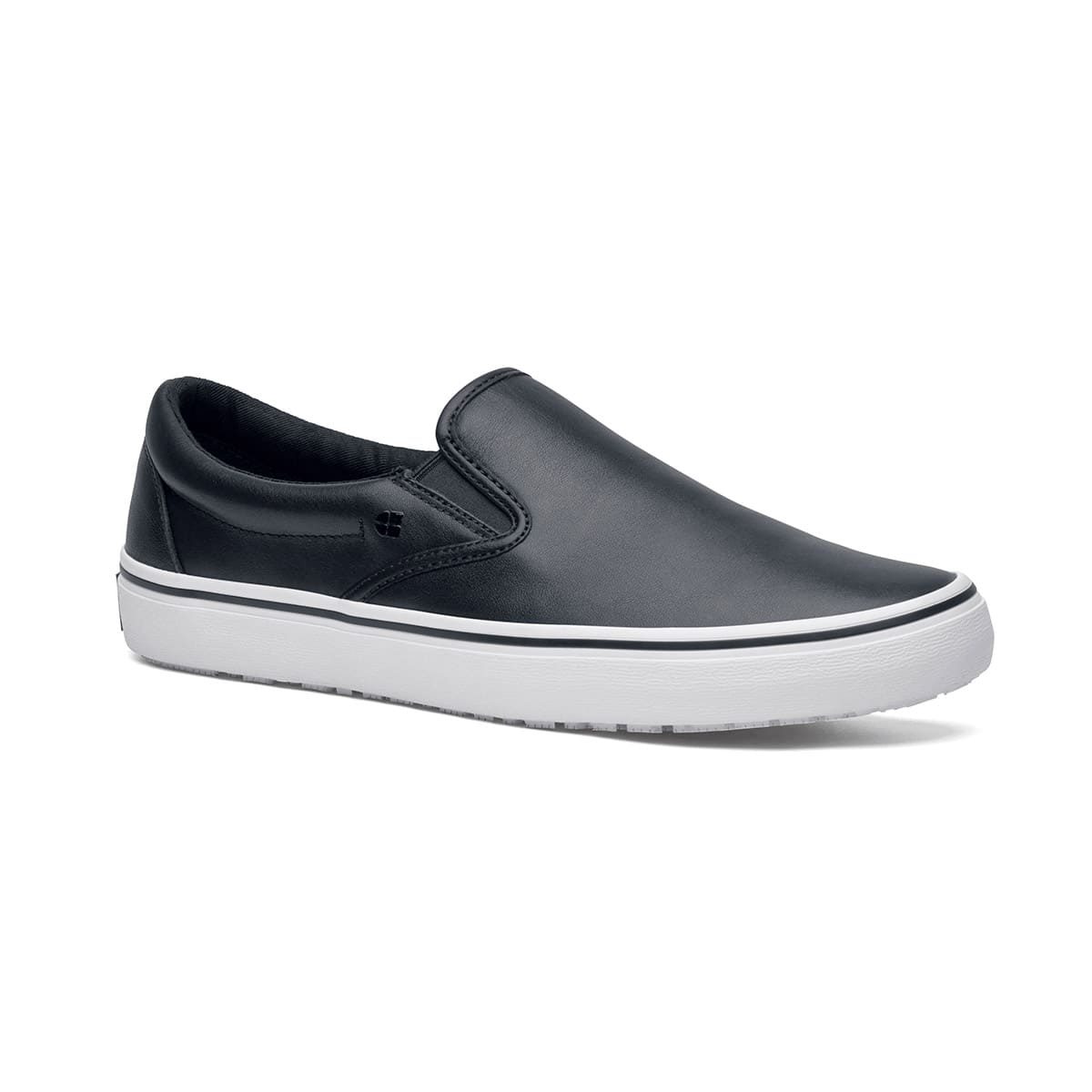 The Merlin Slip On Black and White from Shoes For Crews are slip-on trainers that are slip-resistant, lightweight, easy to clean and water-resistant, seen from the right profile.