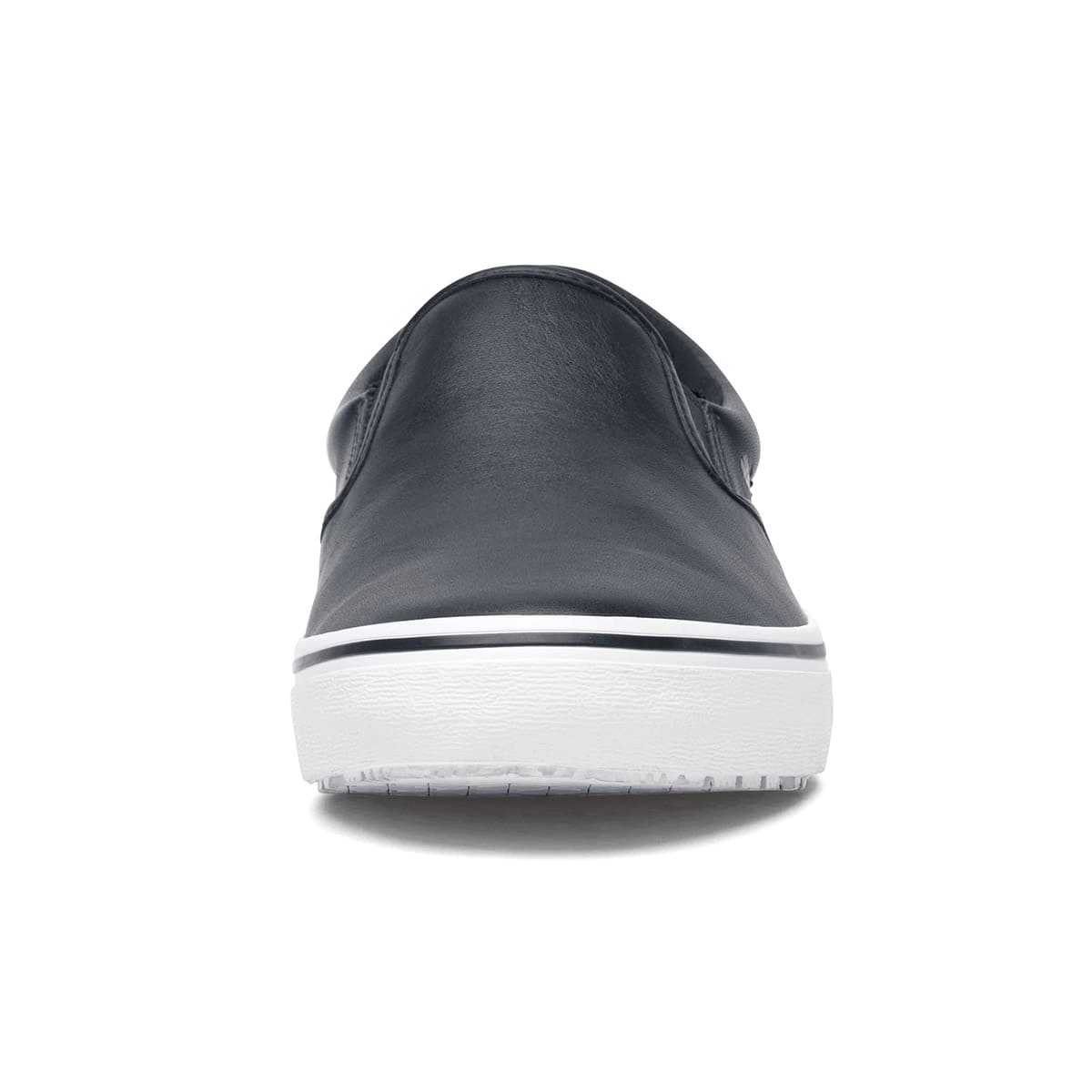 The Merlin Slip On Black and White from Shoes For Crews are slip-on trainers that are slip-resistant, lightweight, easy to clean and water-resistant, seen from the front.