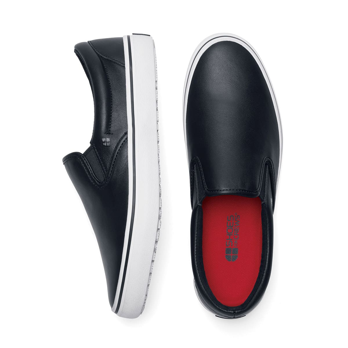 The Merlin Slip On Black and White from Shoes For Crews are slip-on trainers that are slip-resistant, lightweight, easy to clean and water-resistant, seen vertically from above and from the side.