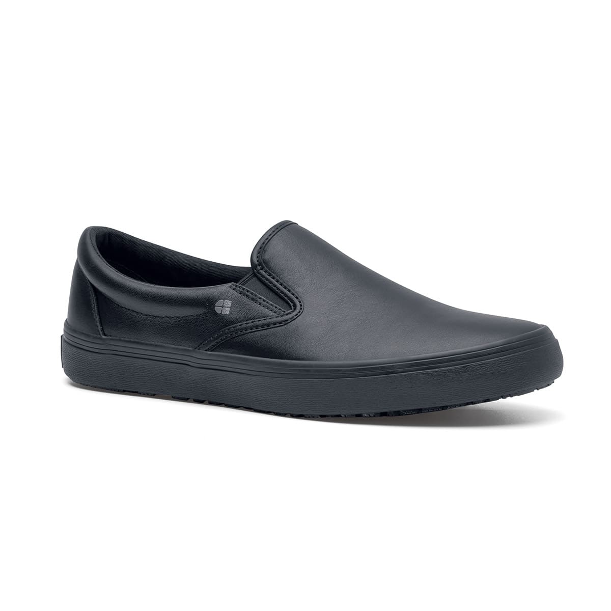 The Merlin Black from Shoes For Crews are slip-on slip resistant shoes with a lightweight design and constructed from genuine leather that has been specially treated to repel liquids from the surface, seen from the right profile.