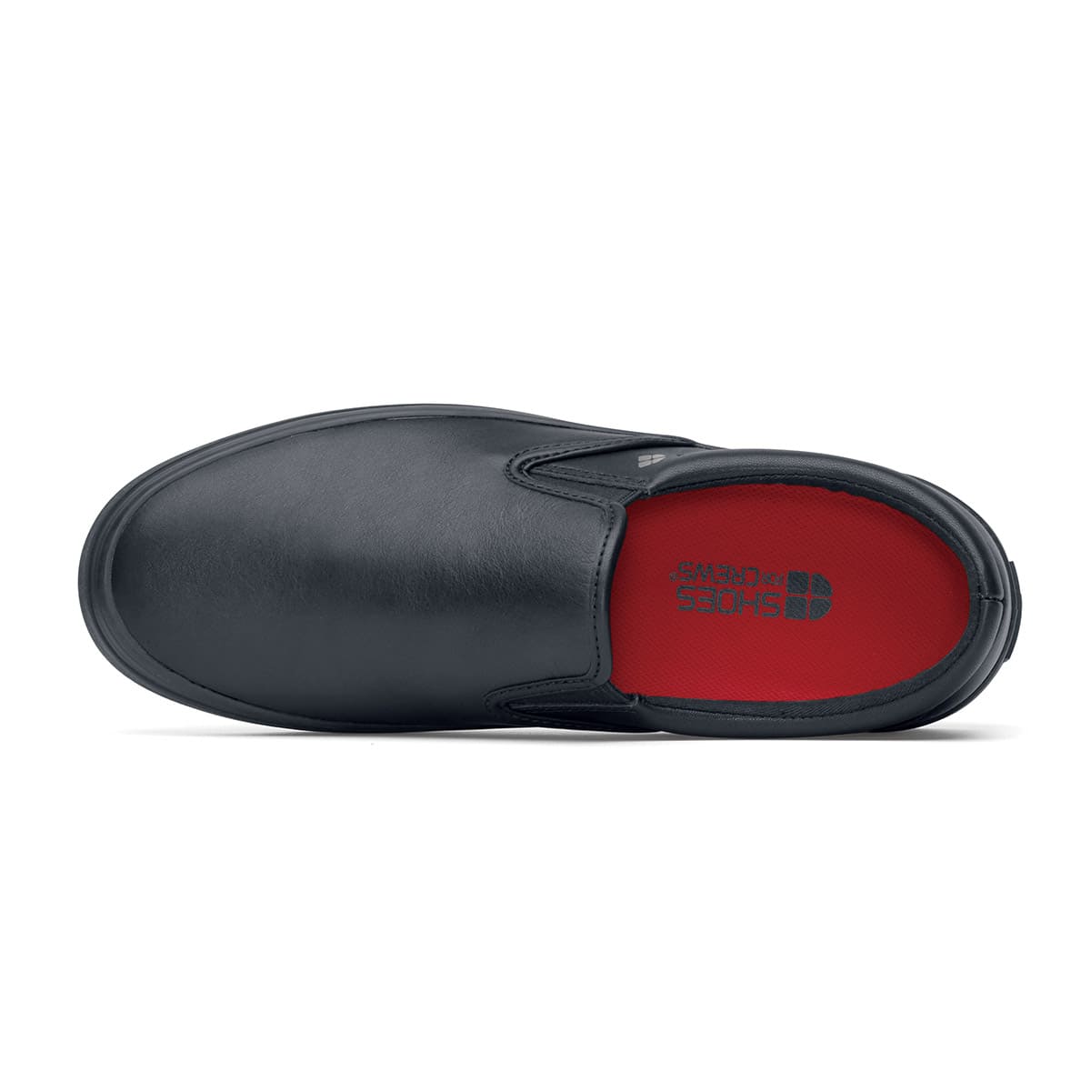 The Merlin Black from Shoes For Crews are slip-on slip resistant shoes with a lightweight design and constructed from genuine leather that has been specially treated to repel liquids from the surface, seen from above.
